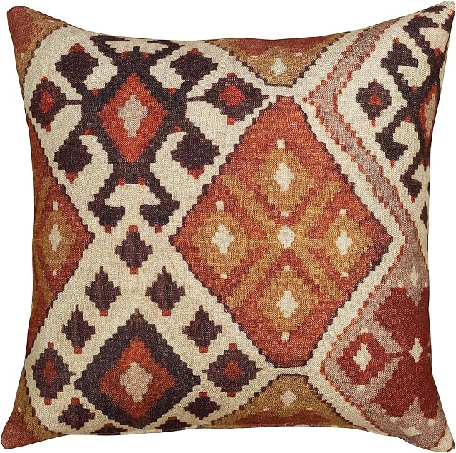 Terracotta Kilim Turkish Style Printed Extra-Large Cushion Cover. Soft All-Natural Linen-Blend Cloth in Terracotta and Burnt Orange. 23" XL Square Cover Only.