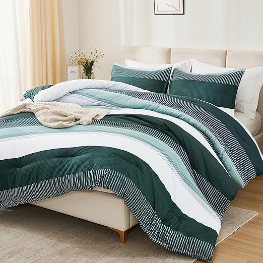 Litanika Dark Emerald Green Bed Comforter Twin/Twin XL Set, 2 Pieces Twin Extra Long Size Boys Men Forest Bedding Set, Single Colorblock Striped Bed Set
