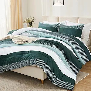 Litanika Dark Emerald Green Bed Comforter Twin/Twin XL Set, 2 Pieces Twin Extra Long Size Boys Men Forest Bedding Set, Single Colorblock Striped Bed Set