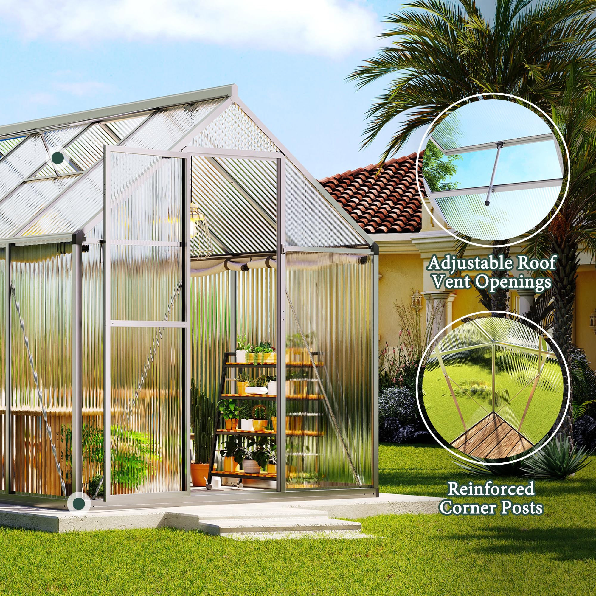 LUXOAK 181x303x195cm Gewächshaus mit Schnellmontage Verbindungen, stabilem Aluminiumrahmen und 2 Belüftungsfenstern, wetterfestes Hochleistungs-Gewächshaus für den Garten, Silber