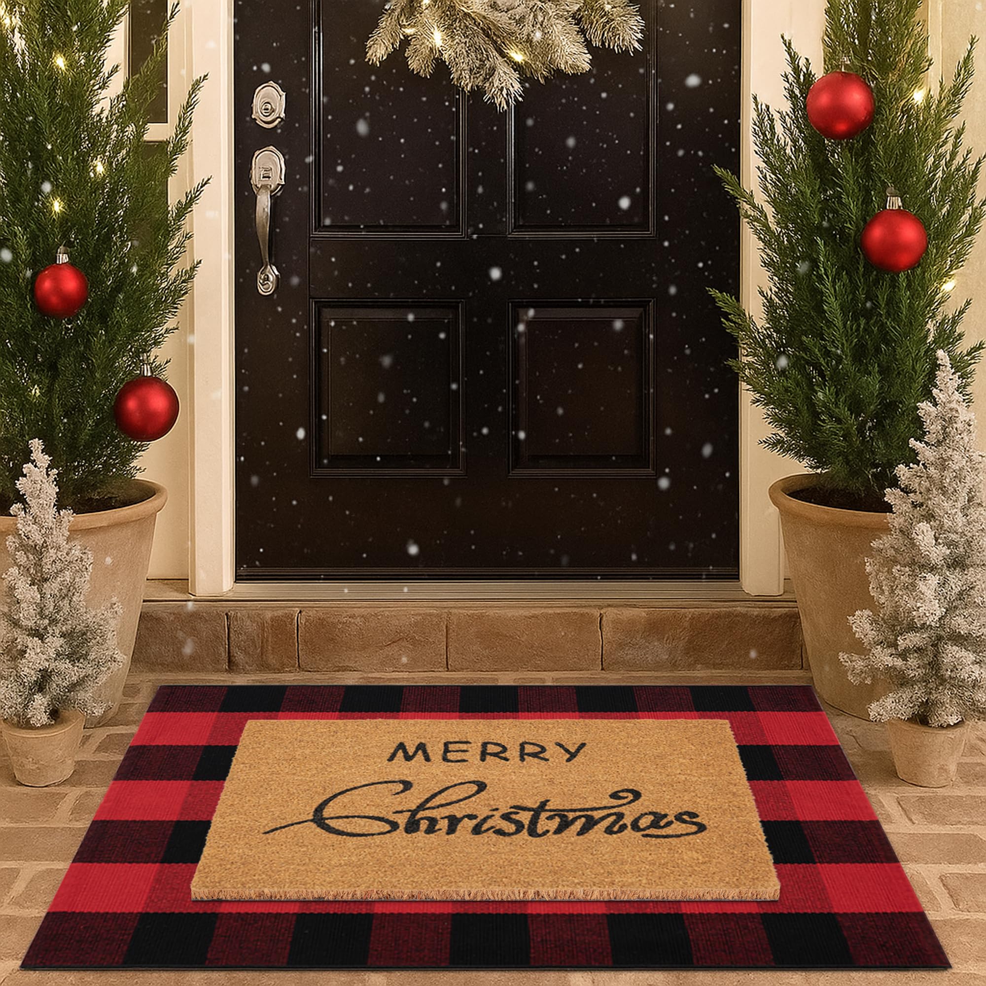 Juego combinado de felpudos de Navidad, tapete de bienvenida 100% fibra de coco + alfombra de cuadros rojos y negros de 28 x 43 pulgadas, tapete decorativo de Año Nuevo, colección de Navidad, para