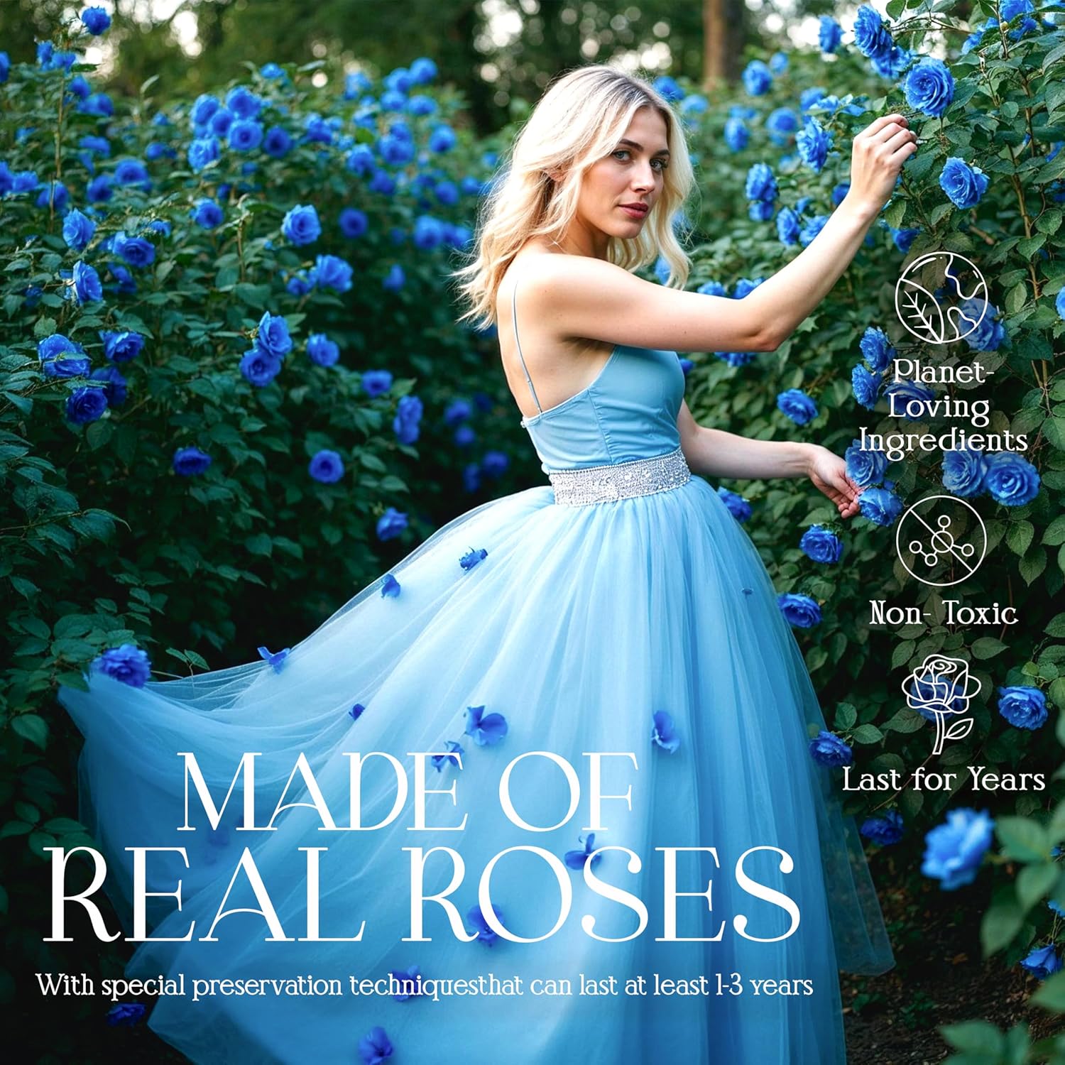 GLAMOUR BOUTIQUE Preserved Roses in a Box - Gifts for Her, Wife & Mom, Rose Flowers Forever Decor for Birthday Gift, Get Well Flower Bouquet Cased in White Box with Cover, Blue, 27 (Color-Treated) - Image 4