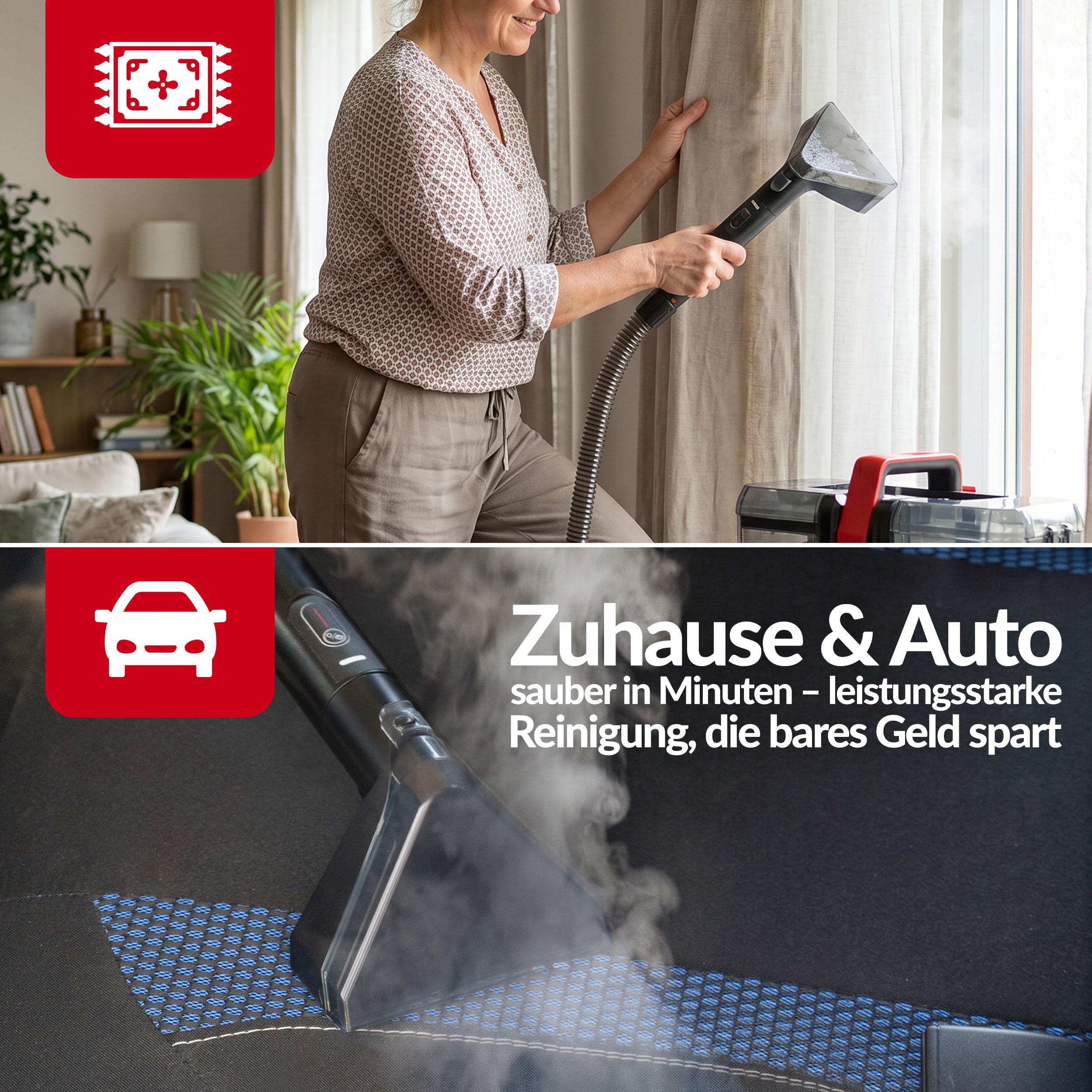 LEHMANN SteamWash 1800 Waschsauger & Dampfreiniger 4in1, Polsterreiniger und Teppichreiniger mit Warmwasser 60°C & Dampf 116°C, 16 kPa Saugkraft, Fleckenreiniger für Sofa, Auto & Haushalt