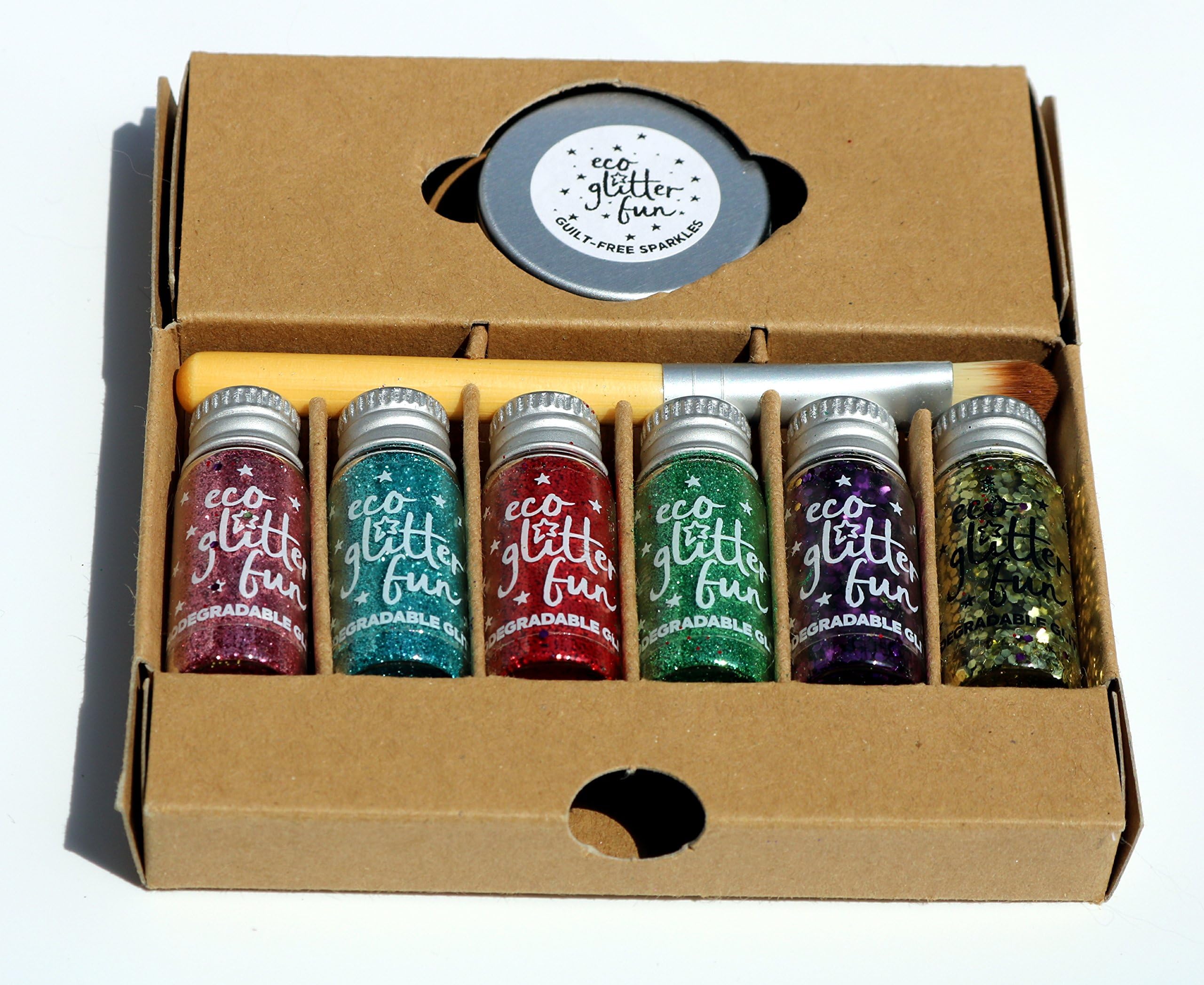 Body Glitter Set - Eco Friendly Festival Glitter - 6 Colours for Face and Body with Fixing Gel and Applicator Brush