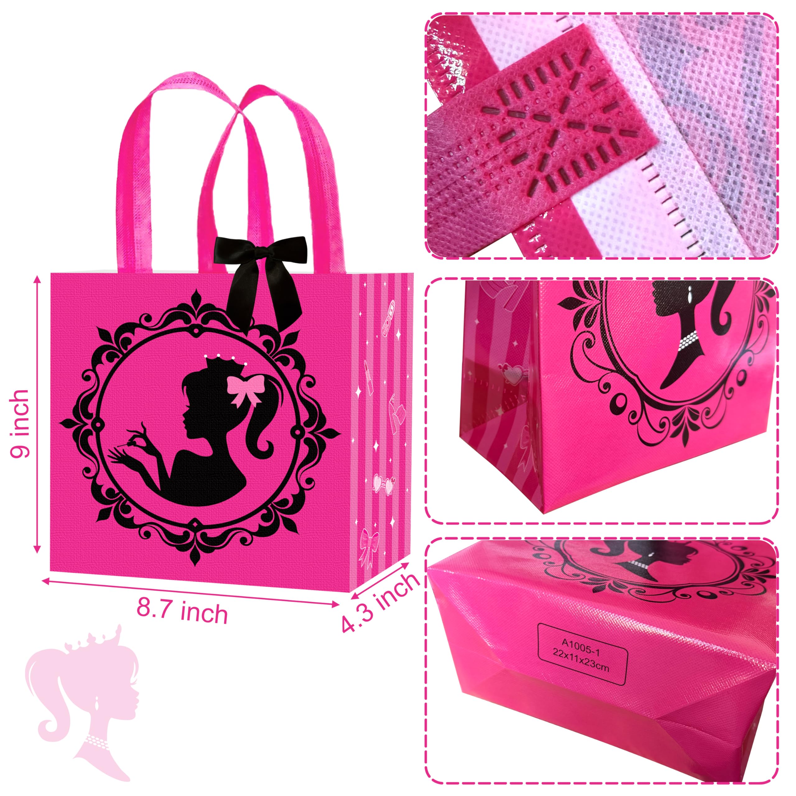 C L cooper life 12pcs Hot Pink Girl Party Gift Treat Bags with Handles Pink Girl Grocery Shopping Bag Princess Theme Non-Woven Bags for Girls Birthday Party Ladies Bachelorette Party Supplies