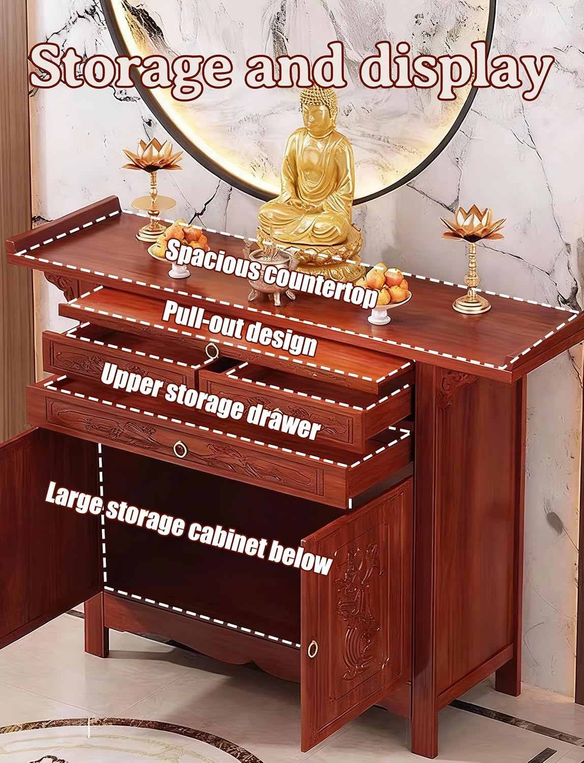 Altar Cabinet with Storage, Bamboo Altar Table with 2 Doors & 4 Drawers for Home, Pooja Cabinet for Incense & Offerings, Buddhist Altar for Living Room, Bedroom, Office (50.4×19.2×42.5in)