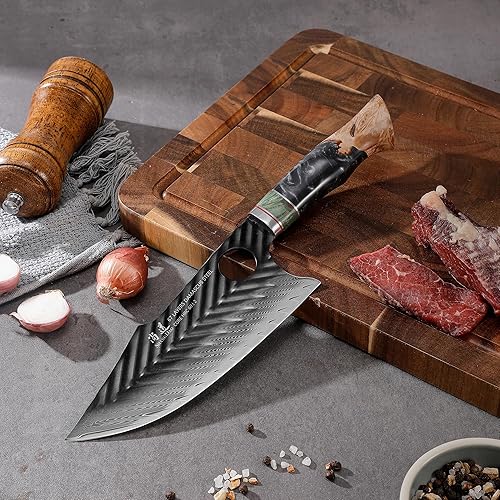 Miniatura 4 de SHANGDAO Cuchillo de carnicero de Damasco de 7 pulgadas, cuchillos de cocina vikingo con funda de cuero, 67 capas de acero de aleación con resina
