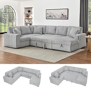 122'' Convertible U-Shaped Faux Rabbit Fur Plush Sectional Sleeper Sofa, Upholstered Cloud Couch Pull-Out Sofa Bed with Storage Chaise and USB Ports for Living Room (Grey, 122'' x 95.6'')