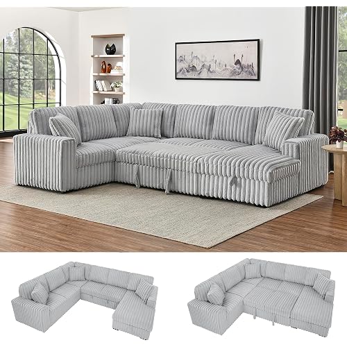 122'' Convertible U-Shaped Faux Rabbit Fur Plush Sectional Sleeper Sofa, Upholstered Cloud Couch Pull-Out Sofa Bed with Storage Chaise and USB Ports for Living Room (Light Grey, 122'' x 95.6'')