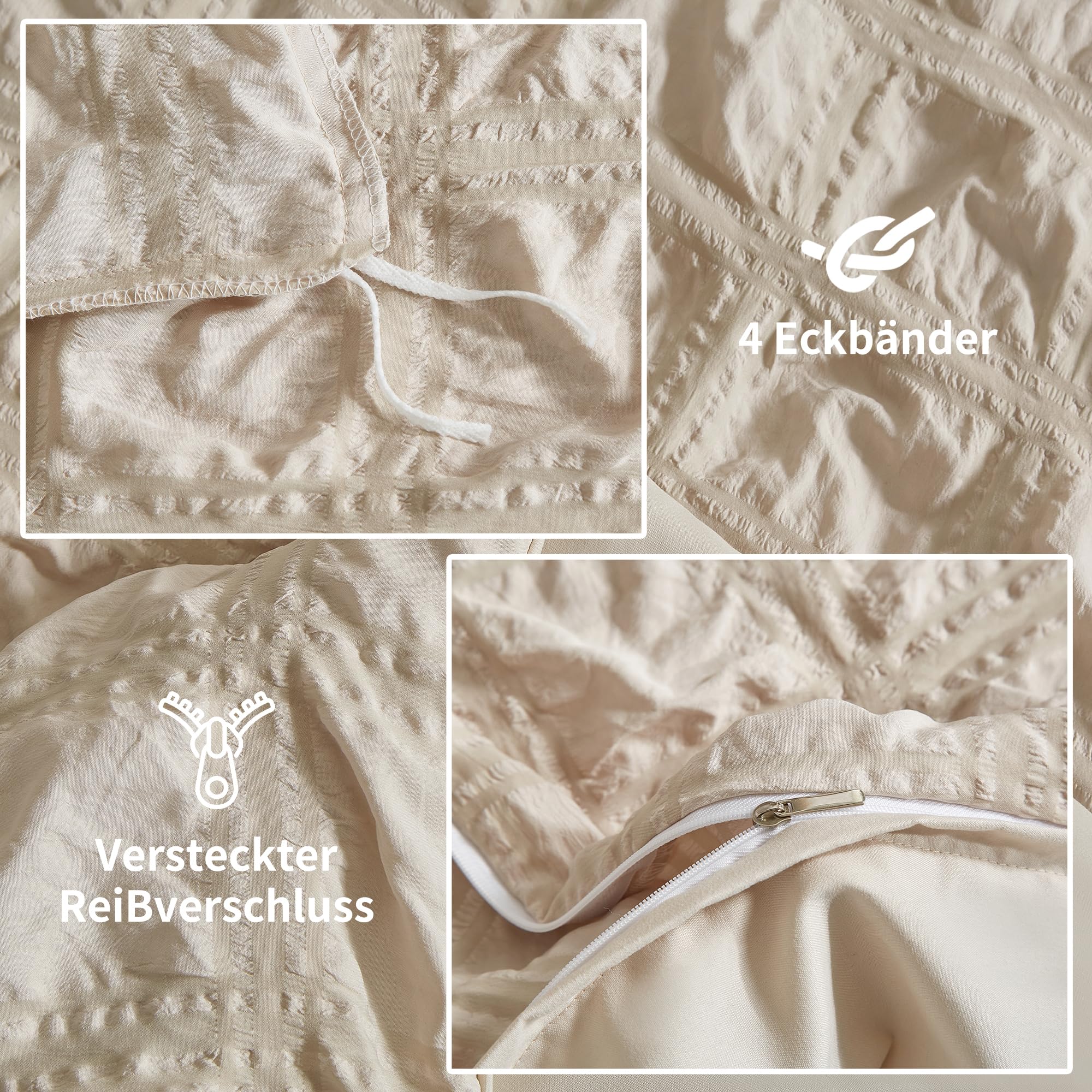 Luowei Seersucker Bettwäsche 220x240cm Kariert Beige Flauschig Bügelfreie Bettwäsche Aesthetic Set Sommer Kühlend Bettbezüge 220x240 mit Reißverschluss und 2 Kissenbezüge 80x80 cm