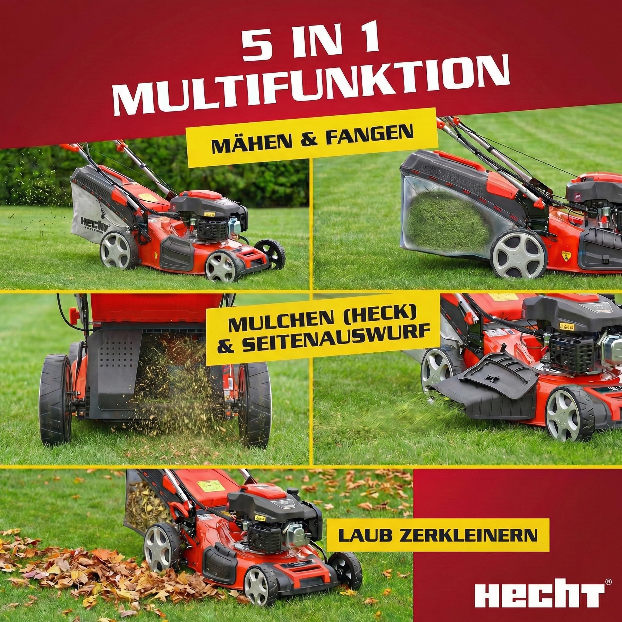 HECHT 5-in-1 Benzin Rasenmäher 5,5 PS Elektrostart 51 cm | 4-Takt-Motor 4,0 kW, 65 L Fangkorb, Radantrieb, patentierte Räder, Mulchmäher und Rasenmäher