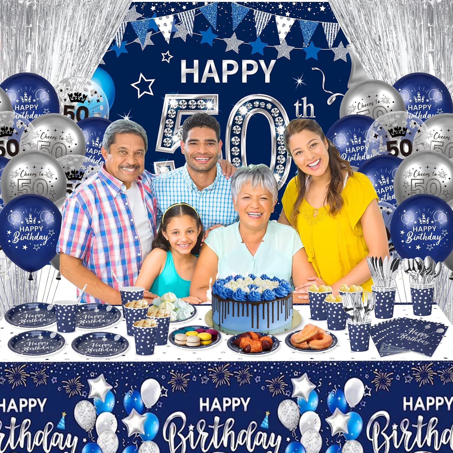 50th Birthday Decorations for Men, 131Pcs Navy Blue Silver 50th Birthday Party Supplies Includes Blue Happy 50th Birthday Banner Balloons Napkins Cups Tablecloth Foil Backdrops for 50th Birthday Decor