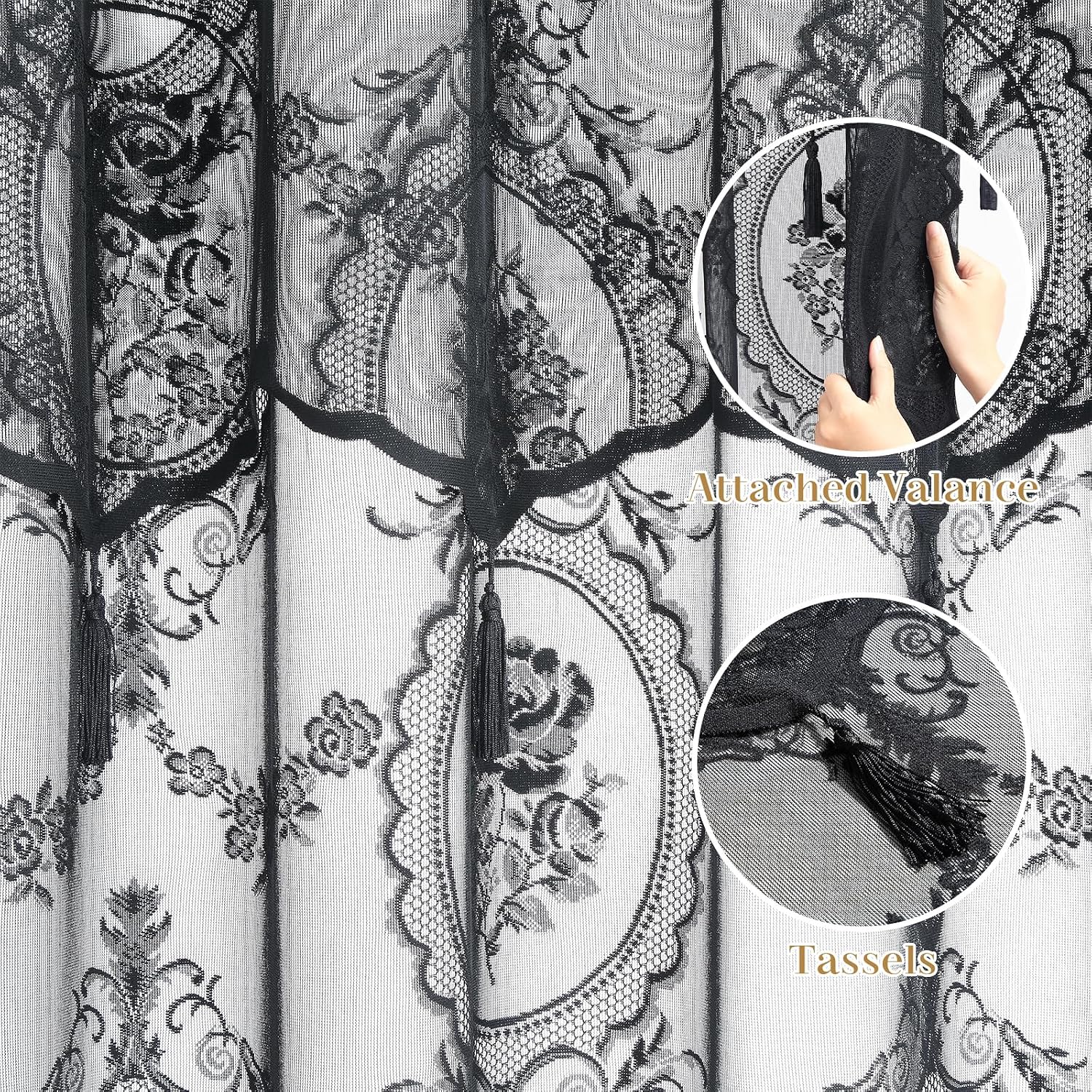 Black Lace Shower Curtain with Attached Valance, Rustic Vintage Floral Sheer Shower Curtain with Scalloped Edge, Gothic Witchy Victorian Style Decorative Bathroom Curtain, 72"x72"