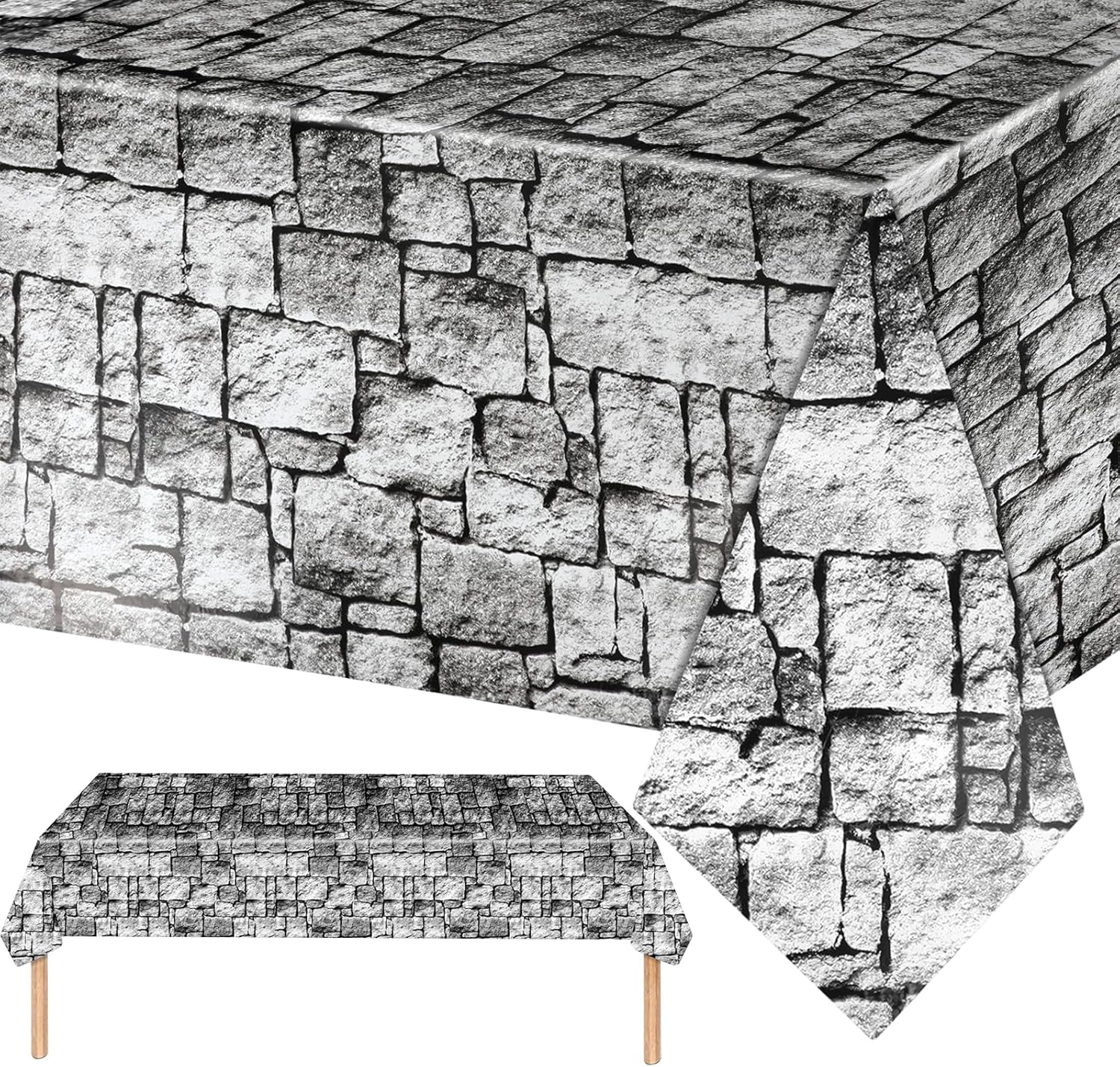 PHOGARY 3 Pieces Stone Wall Tablecloths Brick Tablecloths Halloween Table Covers Disposable Plastic Tablecloths Photo Brick Decal Wallpaper Stone Pattern Table Cloth for Medieval Party Decorations