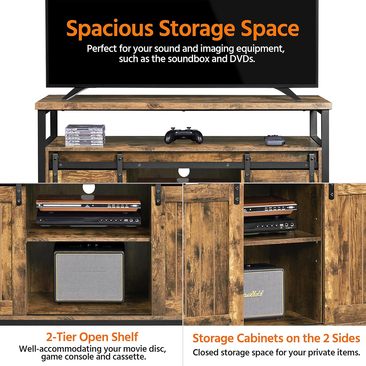 Topeakmart Farmhouse TV Stand for 55 in TV, Tall Entertainment Center w/Sliding Barn Doors & Open Storage Cabinets, Industrial TV Cabinet for Living Room, Rustic Brown, 47 Inch