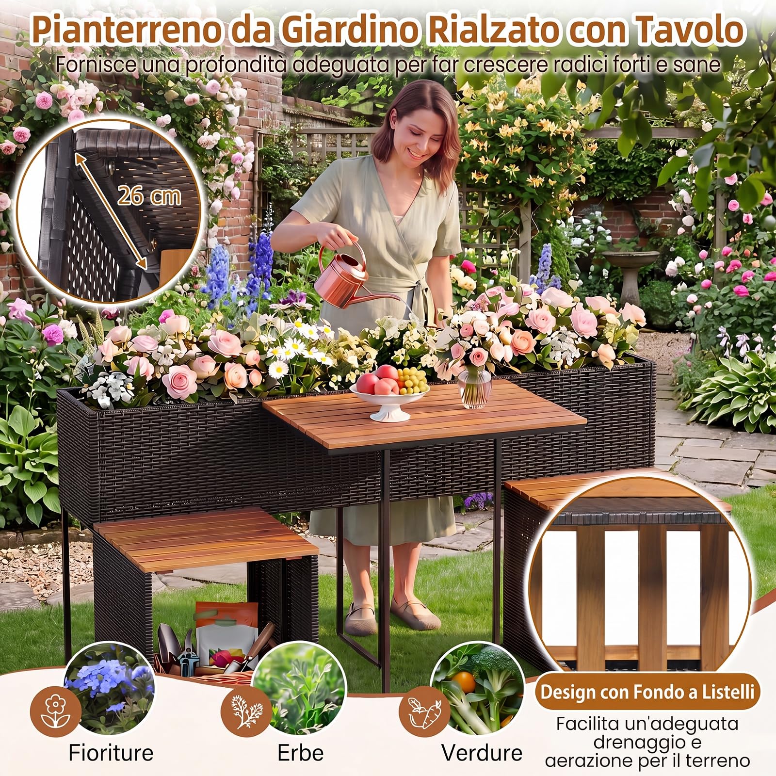 SOARS Salotto da Giardino Esterno con Tavolino, 2 Sedie, Fioriera (Marrone) | Set Mobili da Giardino in Rattan con Vano Portaoggetti e Fioriera Rialzata per Giardino, Balcone e Bordo Piscina