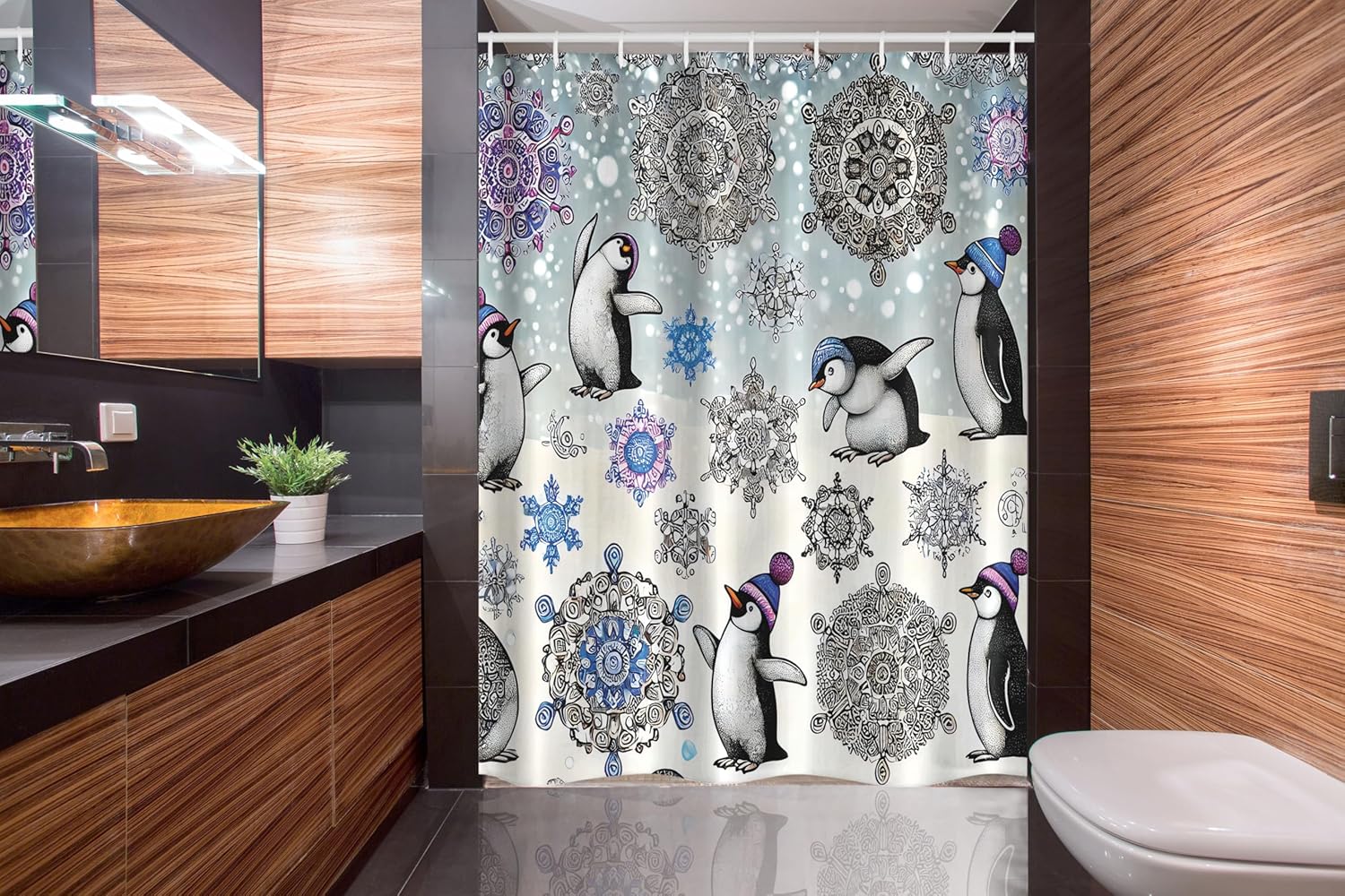 Ambesonne Christmas Stall Shower Curtain, Dancing Penguins and Falling Snowflakes Sketch with Oriental Winter Design, Fabric Bathroom Decor Set with Hooks, 54" W x 78" L, Ivory Violet Blue