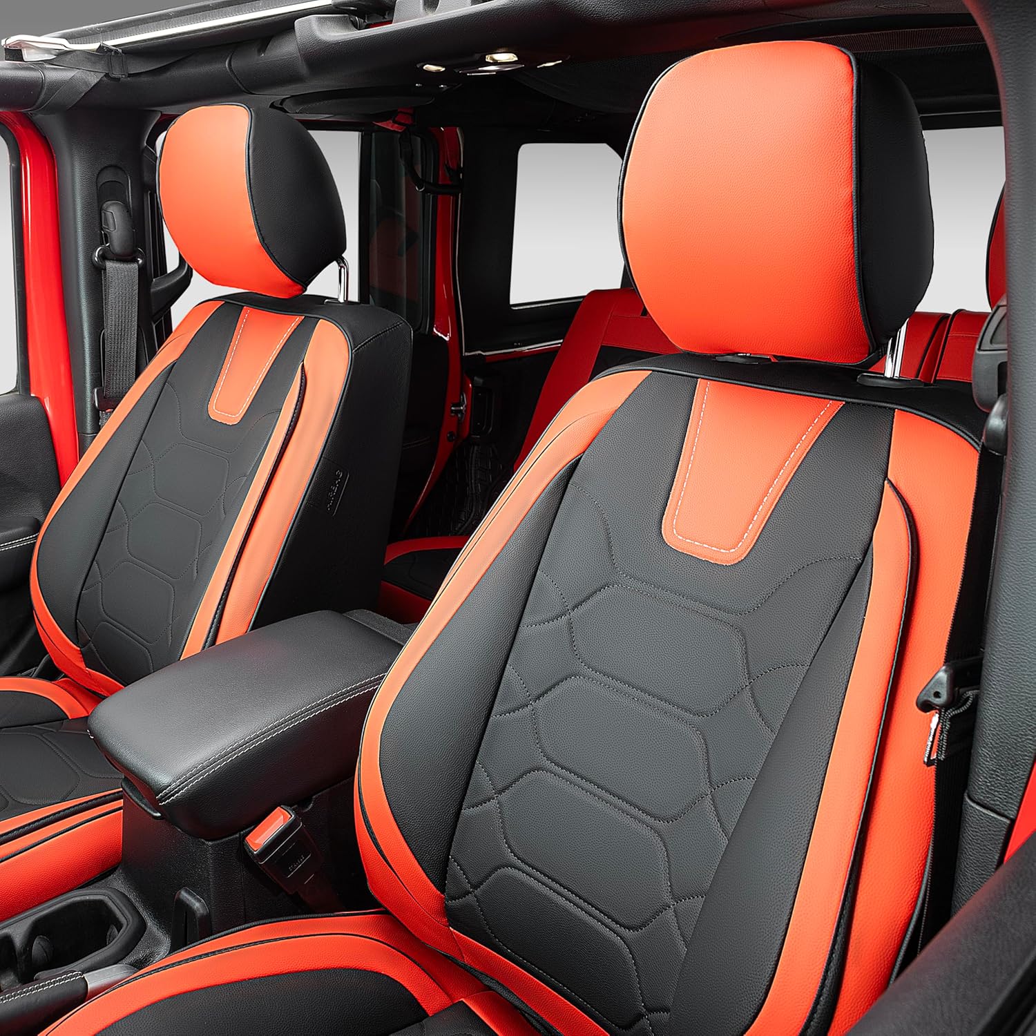 OASIS AUTO Custom Fit Seat Covers Compatible with Jeep Wrangler JL Unlimited (2018-2026) 4-Door, Waterproof Faux Leather, Fits Rubicon Sahara Sport (Black&Red)