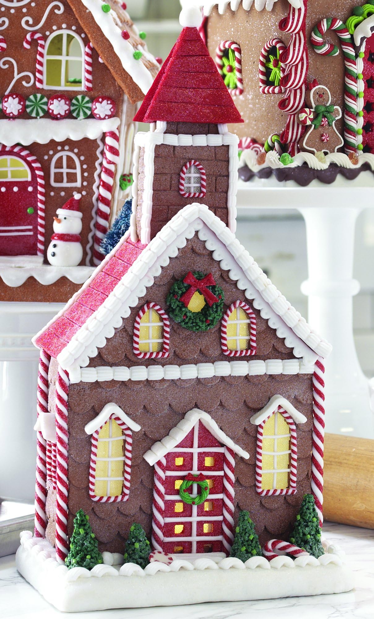 14.5 Inch Lighted Gingerbread Church Holiday Decoration - Tabletop Christmas Decoration