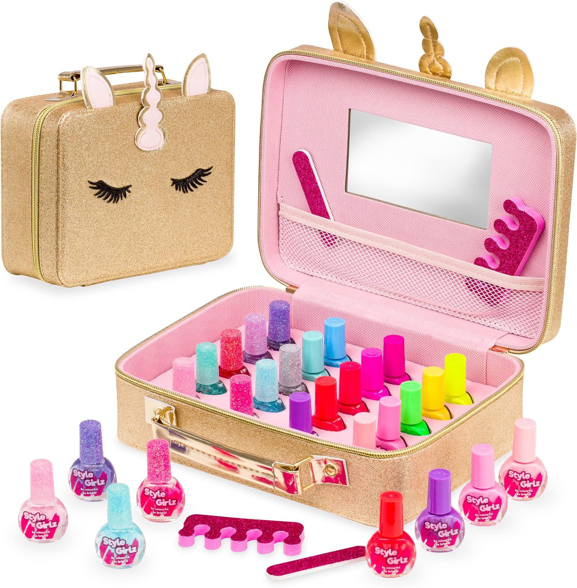 Style Girlz Nail Varnish Sets For Girls - Unicorn Vanity Case With 20 Nail Polish Colours & Accessories - Nail Polish For Kids - Kids Nail Varnish Set - Girls Play Makeup