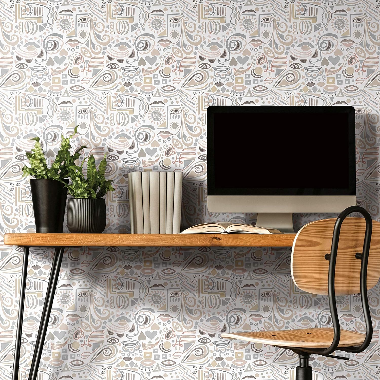RoomMates RMK11898RL Gray and Taupe Mod Faces Peel and Stick Wallpaper