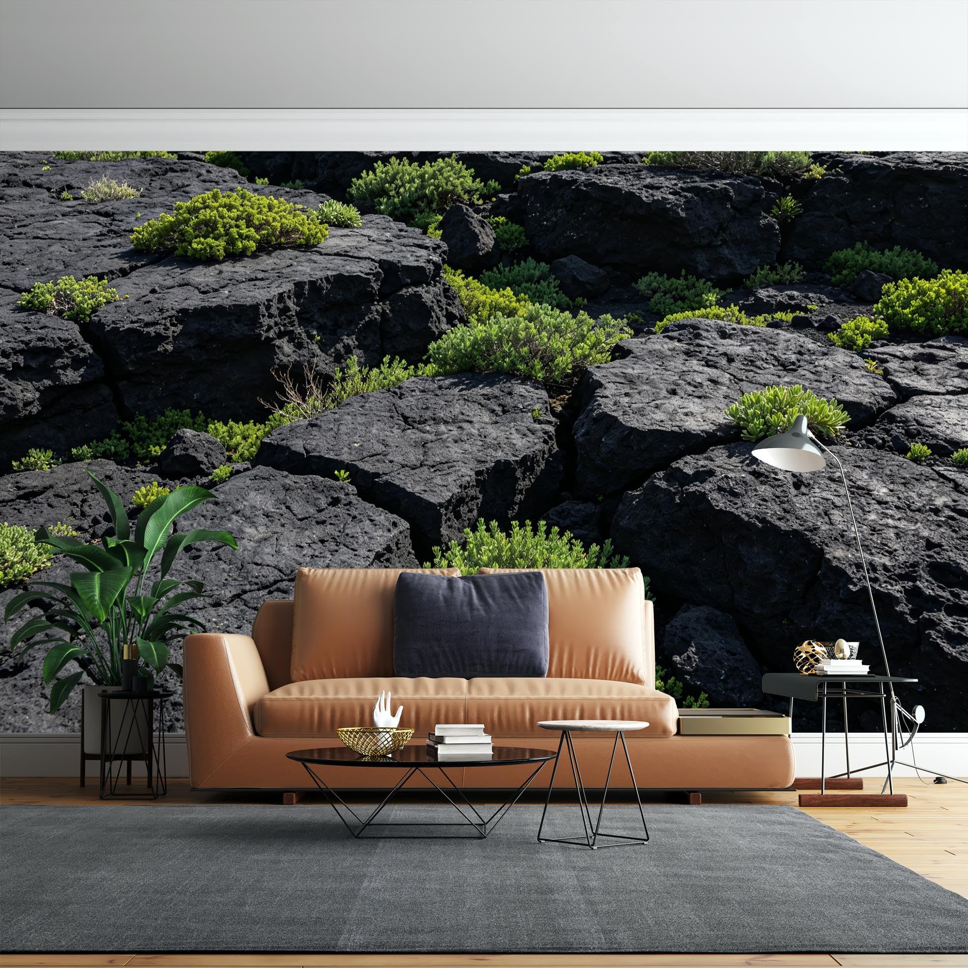 Murale Panoramico in Pietra Lavica Nera, Carta da Parati in Vinile Denso Resistente Impermeabile Autoadesiva per Paesaggi Vulcanici Naturali e Rimosso, 400×280Cm (157×110inch)