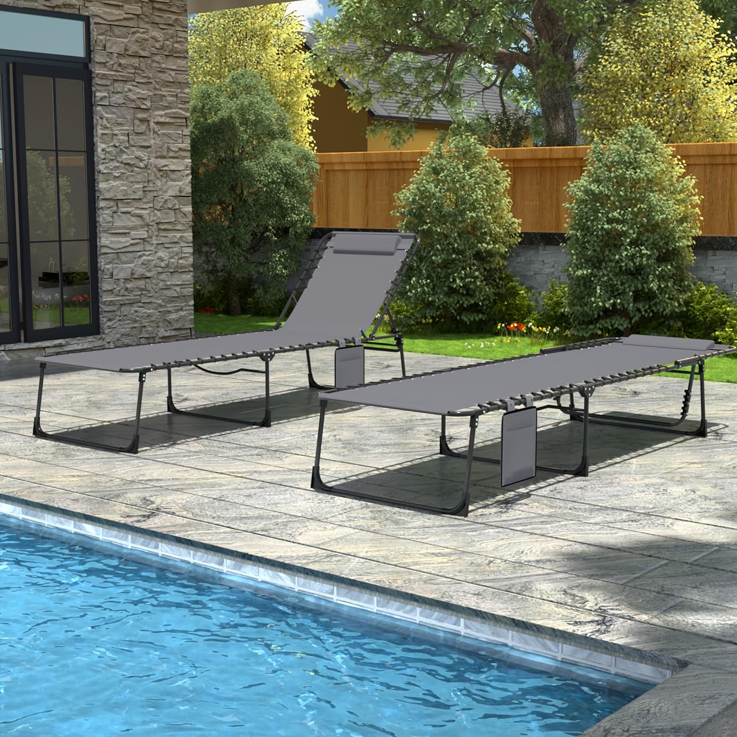 Yardenaler Outdoor Foldable Chaise Lounge Chair with Detachable Pillow & Pocket, Portable Tanning Chair with 5 Position Adjustable Back, Patio, Beach and Pool, Grey