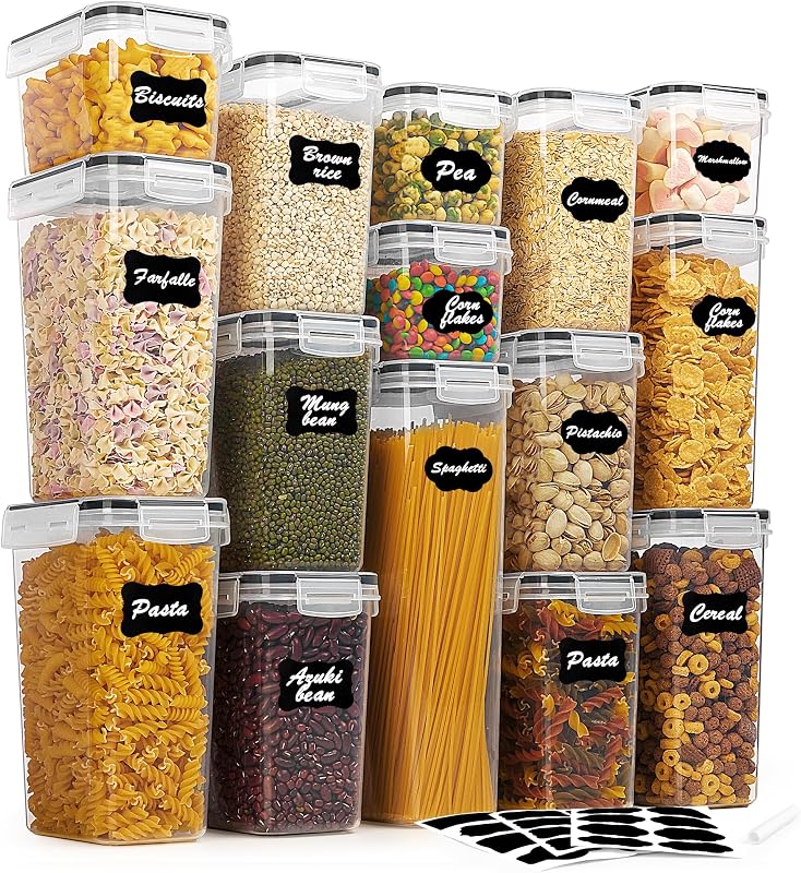 Vtopmart Juego de recipientes herméticos para almacenamiento de alimentos con tapas, 15 recipientes de plástico sin BPA para alimentos secos para organización y almacenamiento de despensa de cocina, apto para lavavajillas, incluye 24 etiquetas, color negro