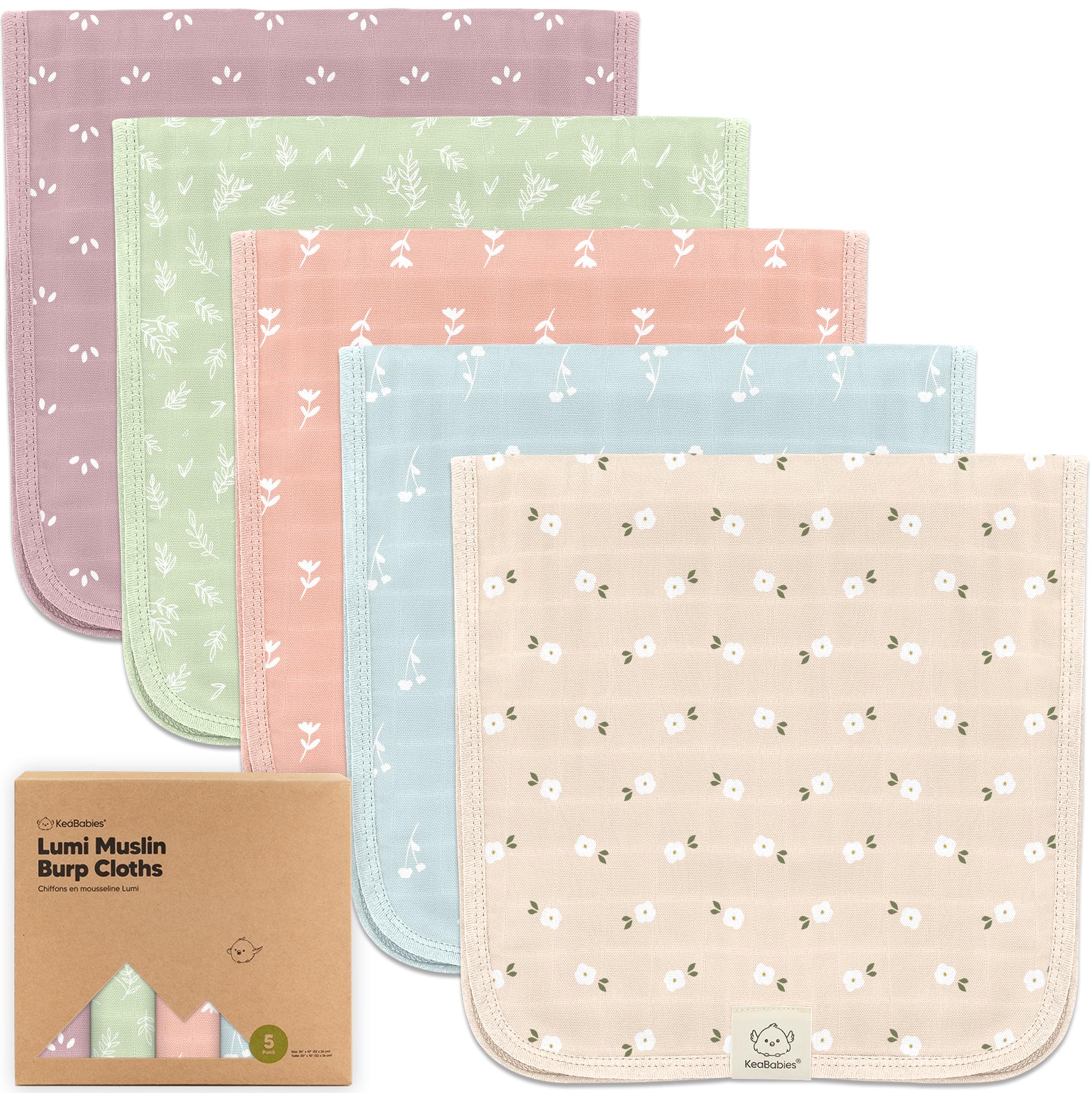 KeaBabies Cotton Muslin Burp Cloths Baby Boy, Girl - 5-Pack Soft & Absorbent Burping Cloth for Babies, Large Baby Towels & Washcloths for Newborn,