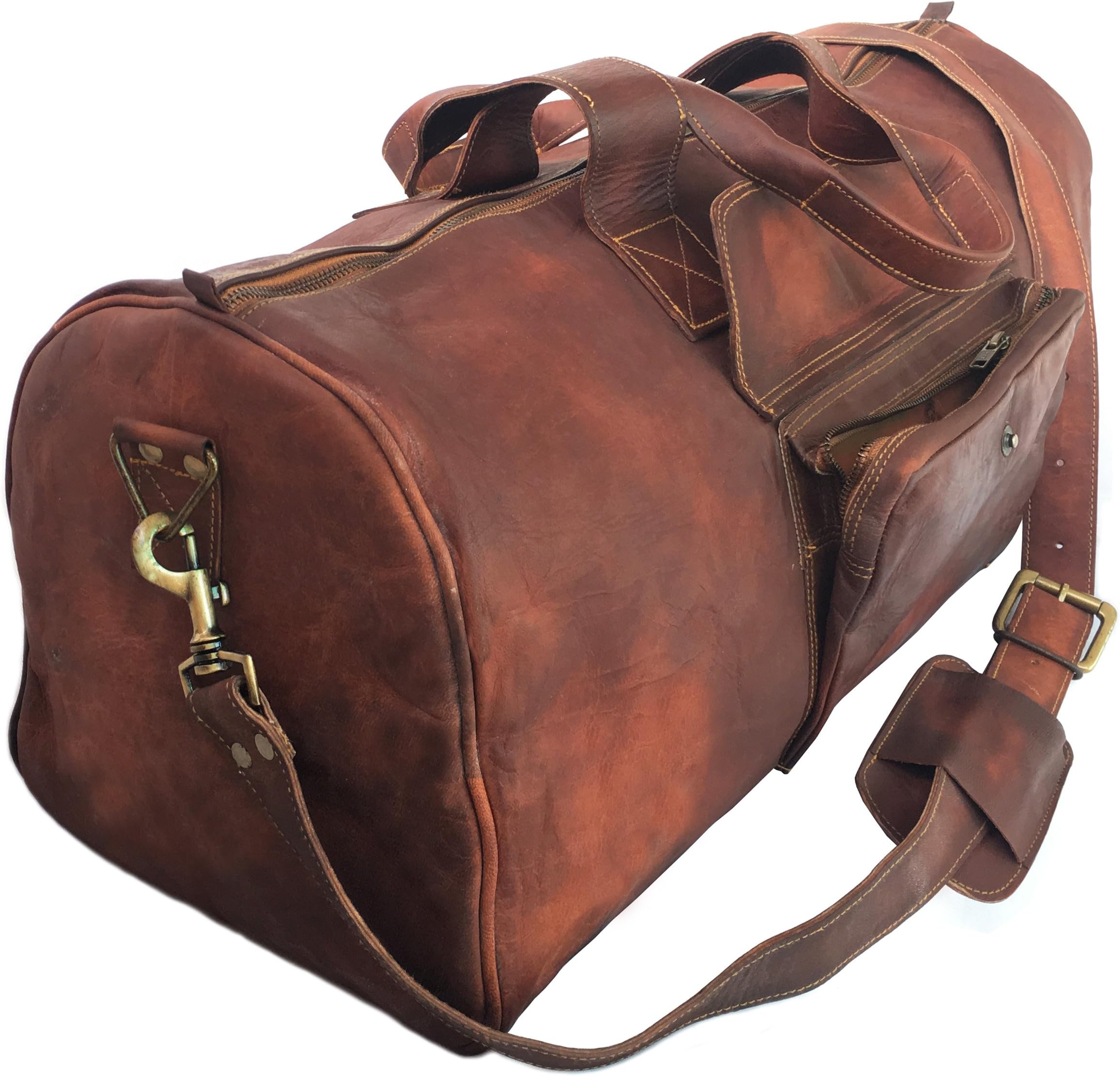 Rustic Goat Leather Duffel Bag - Vintage Travel Bag, Brown, 24 Inch by KK's Leather