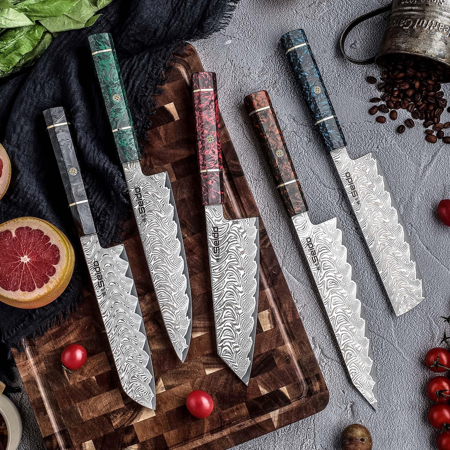 Epokishi 5-Piece AUS-10 Damascus Knife Set – Premium Japanese Chef Knives with Resin & Carbon Fiber Handles – Includes Gyuto, Santoku, Nakiri, Bunka, and Kiritsuke