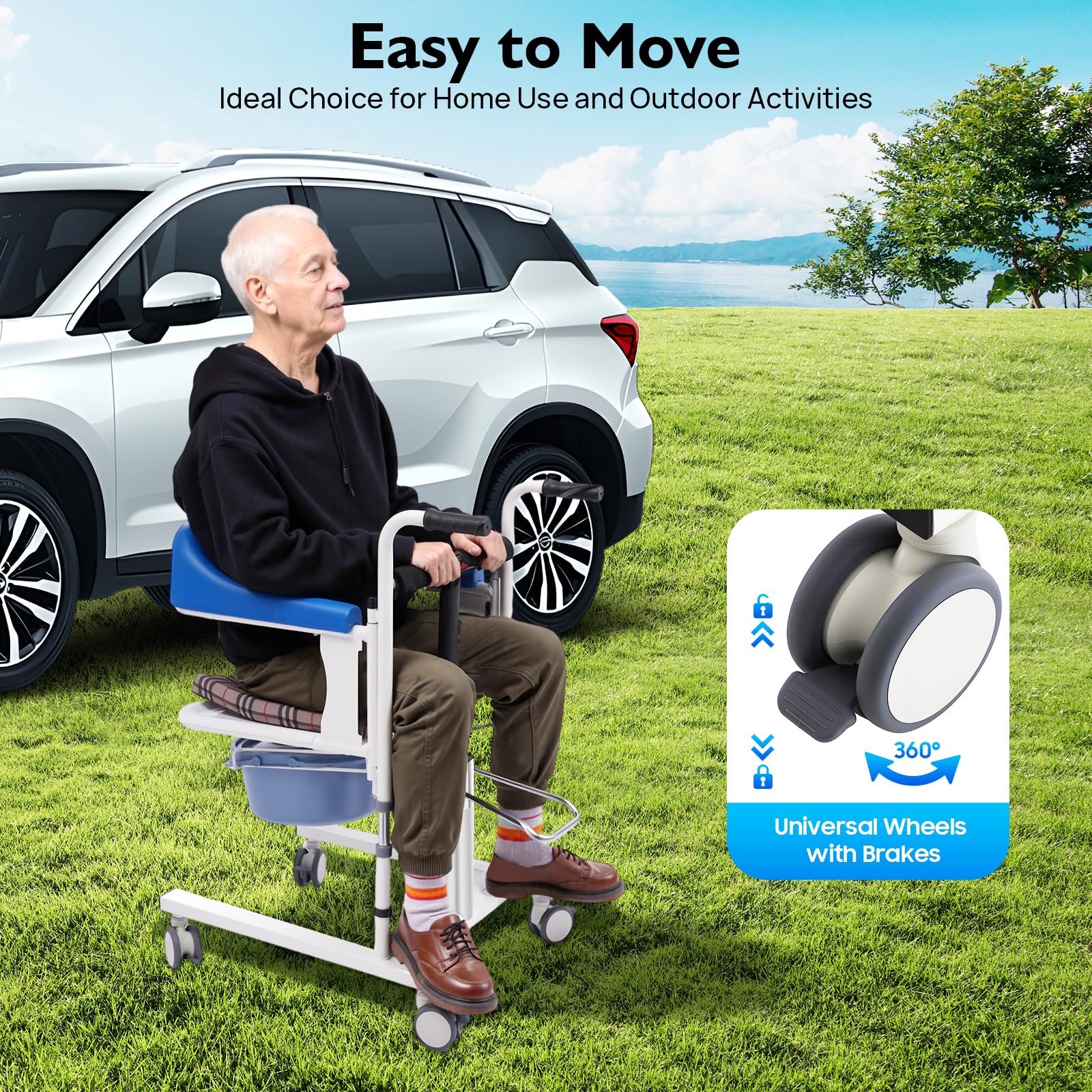 Fauteuil roulant hydraulique pour patients, chaise de transfert divisée à 180°, avec pot, capacité de charge 90 kg, hauteur réglable 42-61 cm, pour personnes handicapées, paralysées,