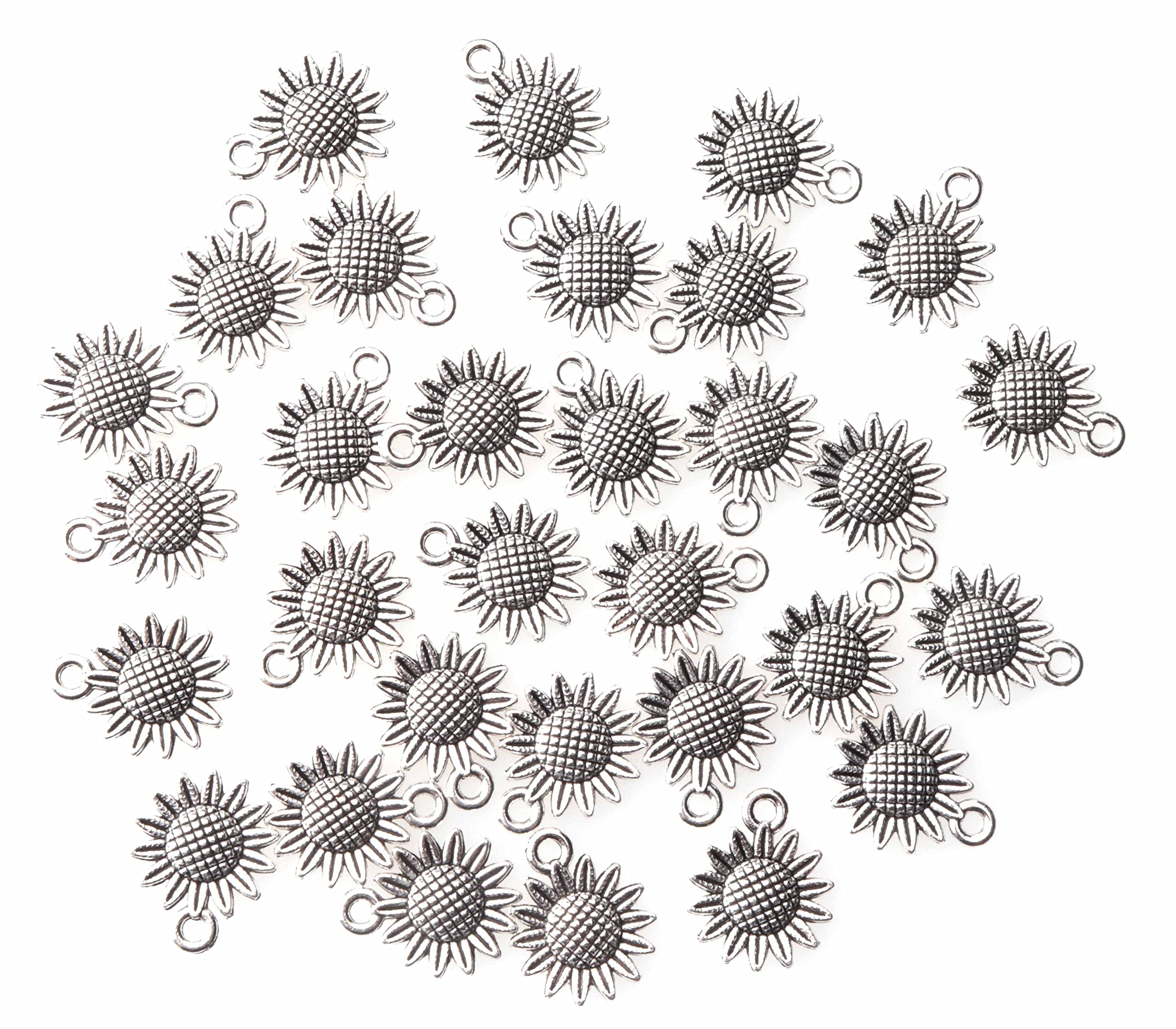 30 Pcs Sunflower Charms Bulk Metal Silver Retro Elegant Flower Pendant Beads for Jewelry Making Finding Bracelet Necklace Earring DIY Craft Supplies Accessories