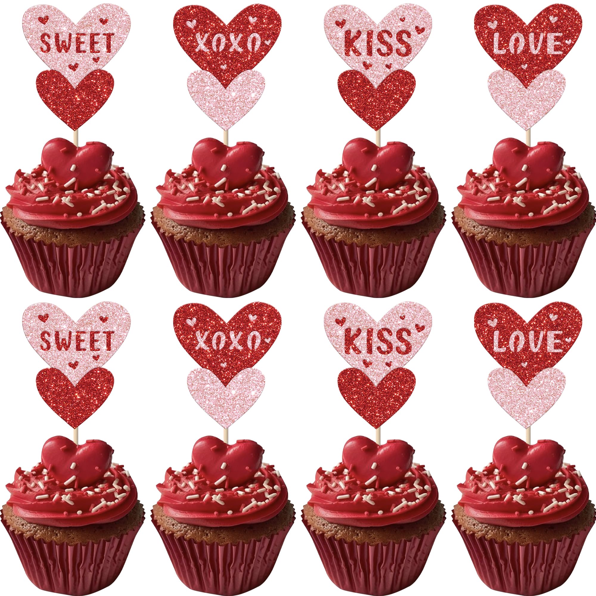 Xsstarmi 24 Pack Love Heart Cupcake Toppers Red Glitter Heart Kiss Me Sweet Love Cupcake Picks for Wedding Engagement Bridal Shower Happy Valentine's Day Party Cake Decorations Supplies โ image 1