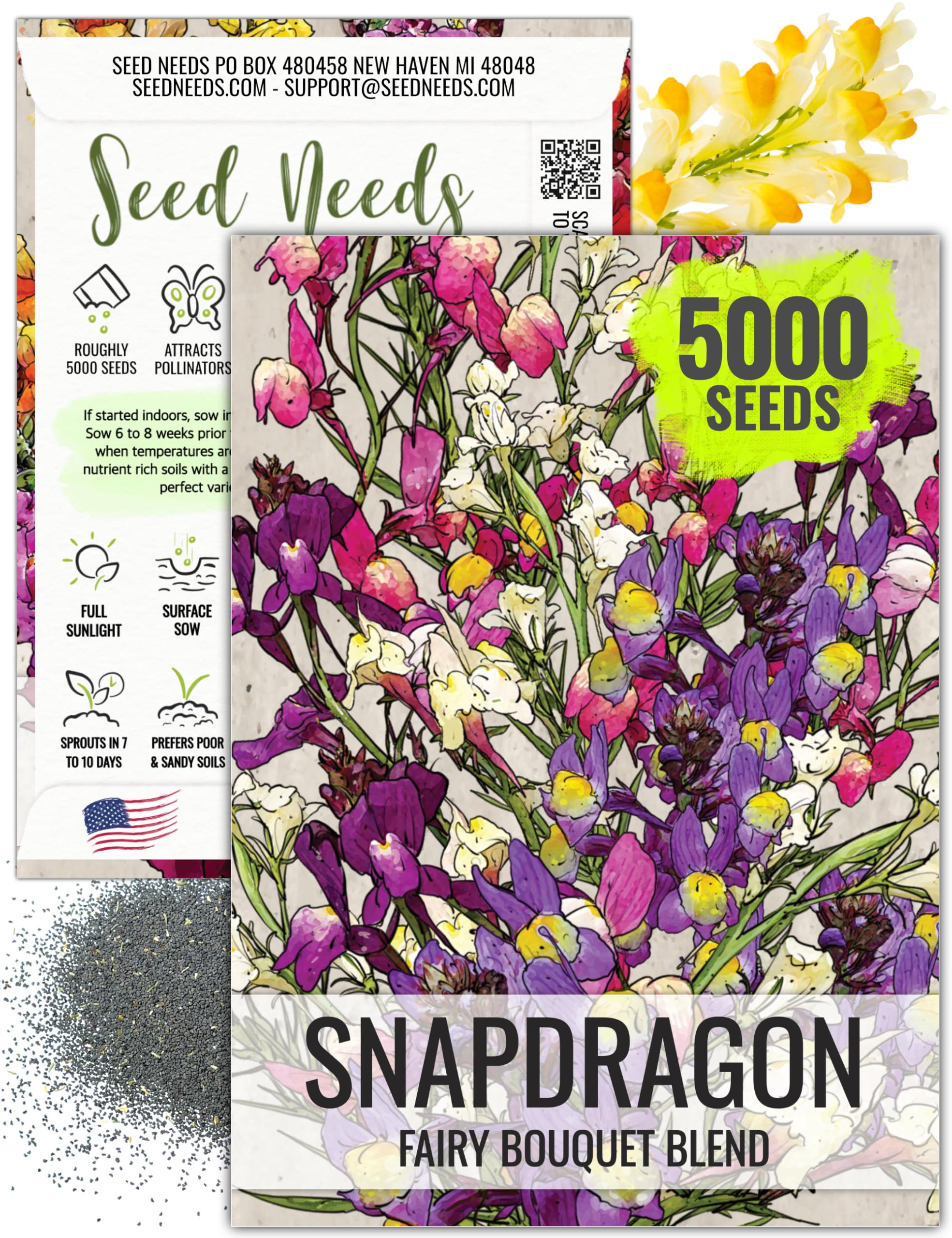 Seed Needs, Fairy Bouquet Snapdragon Seeds - Blend of 5,000 Heirloom Seeds for Planting Linaria maroccana - Annual Flowers to Attract Pollinators to a Butterfly Garden (1 Pack)