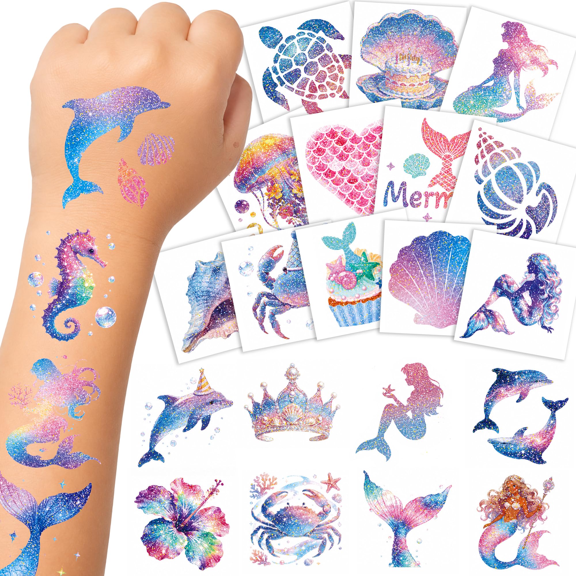Epuxiael 108PCS Glitter Mermaid Temporary Tattoos