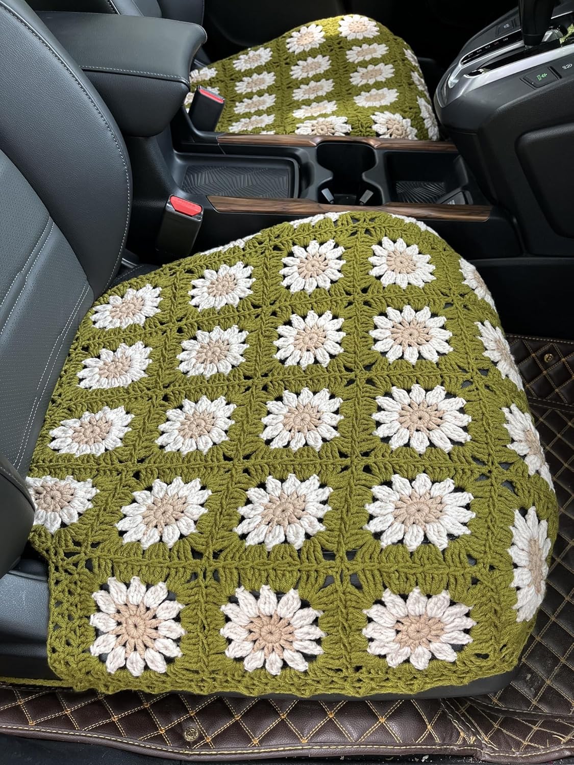 Handmade Crochet Sunflower Car Seat Cover Front Bottom Seat Cushion Cover,Universal Fit Vehicles Sedans SUVS Vans Trucks -2 Piece (Mustard Green)