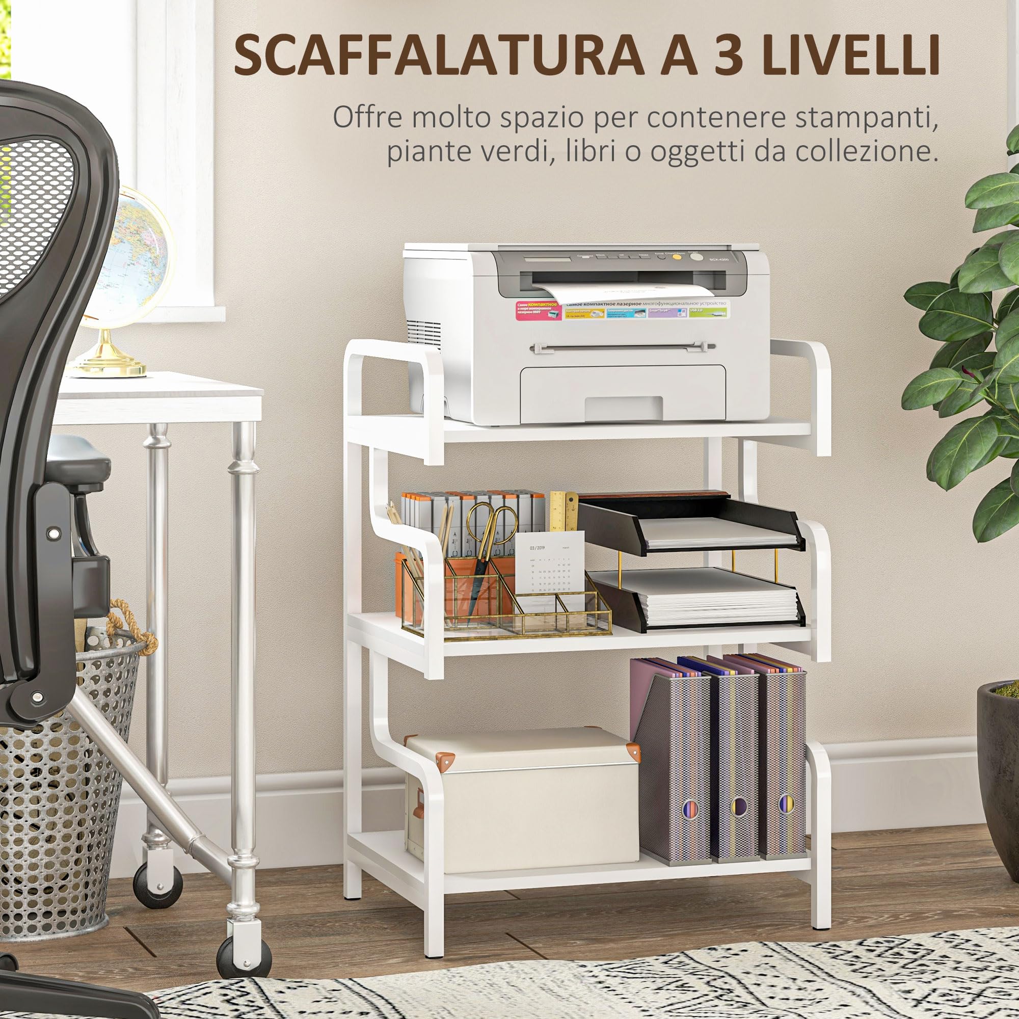 HOMCOM Supporto Porta Stampante a 3 Ripiani, Supporto Stampante, Moderno e Salvaspazio in Acciaio, per Casa, Studio, Ufficio, Stile Industriale, 55x40x77 cm, Bianco