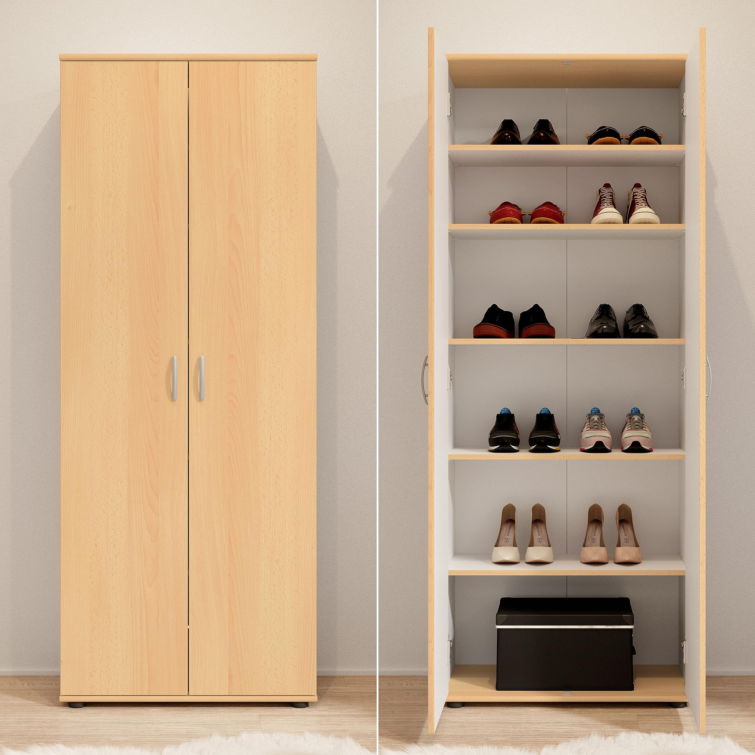 TALENT 3 Schuhschrank hoch, Buche Optik - Vielseitiger Mehrzweckschrank mit verstellbaren Einlegeböden