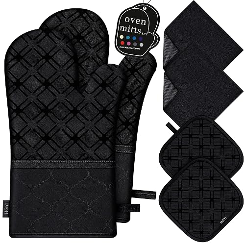HGYI Oven Mitts and Pot Holders Set with Dishcloths, Black