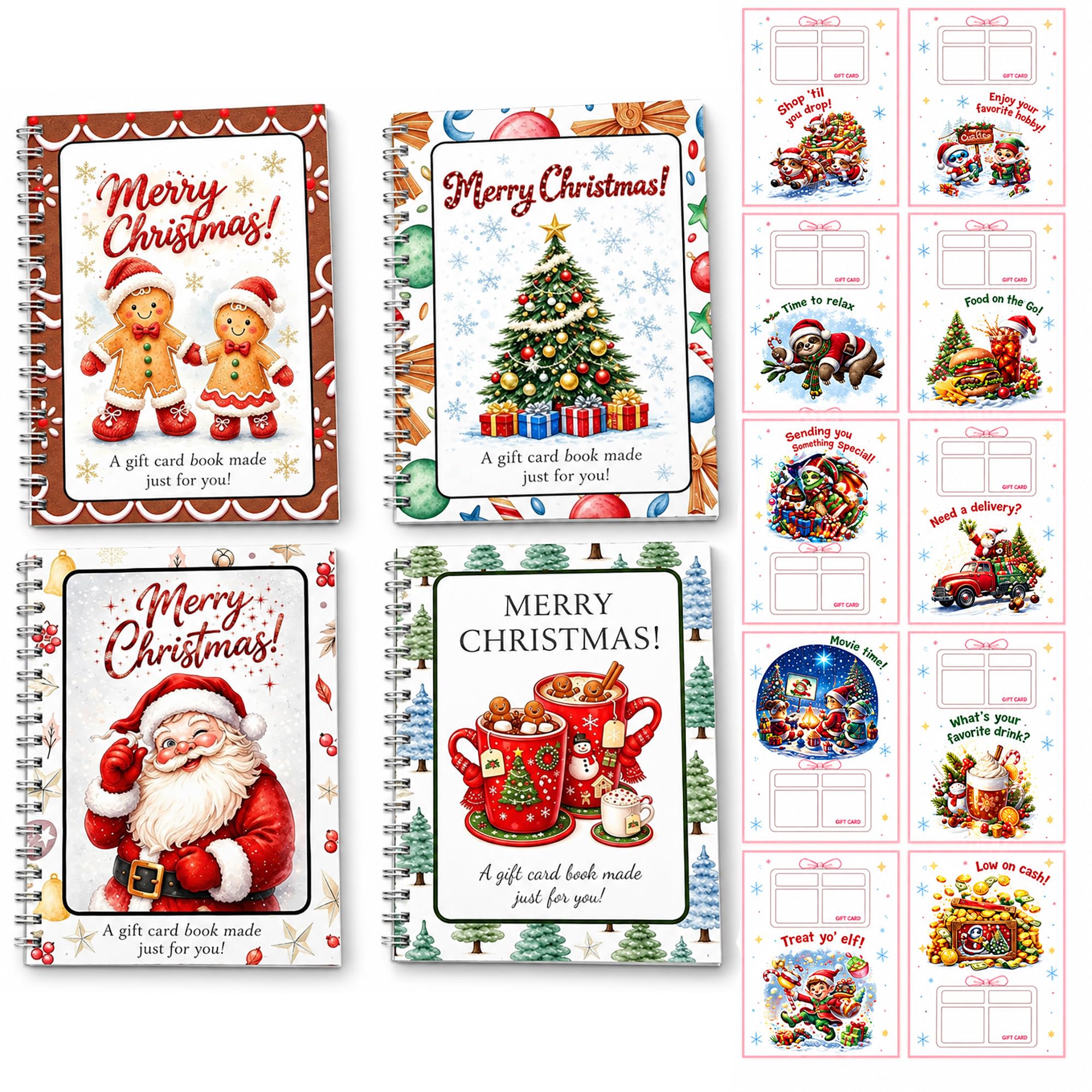 DOTH Christmas Gift Card Book, 4 Pack, Spiral Bound for Holiday Gift Giving | 4 spiral-bound Christmas gift card books in 4 designs; each has 10 interior sheets plus front and back covers.