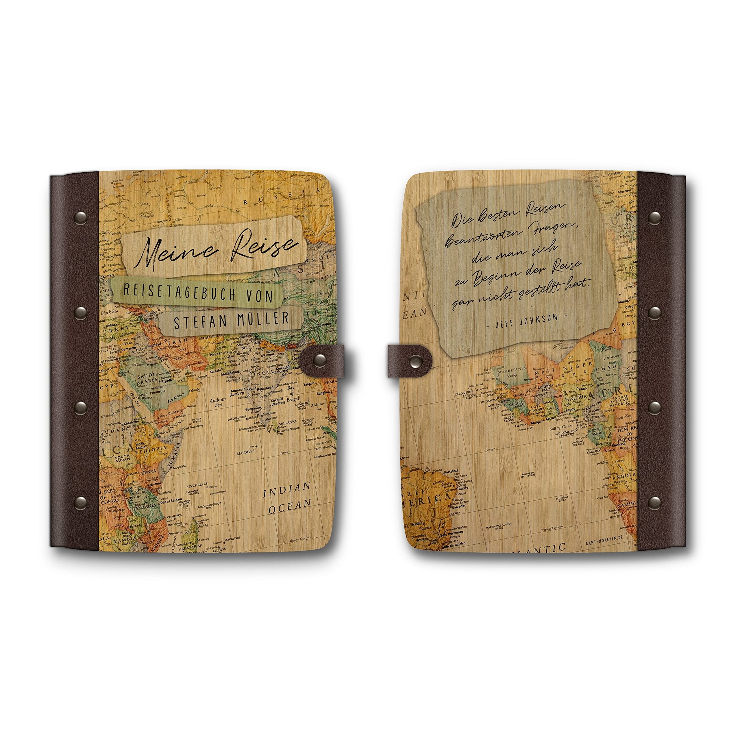 Kartenmachen.de Notizbuch Tagebuch individuell mit UV-Druck Bambus Cover mit Echtleder Rücken 72 Blätter | 144 Seiten DIN A5 hoch 158 x 222 mm - Moderne Weltkarte Reisetagebuch
