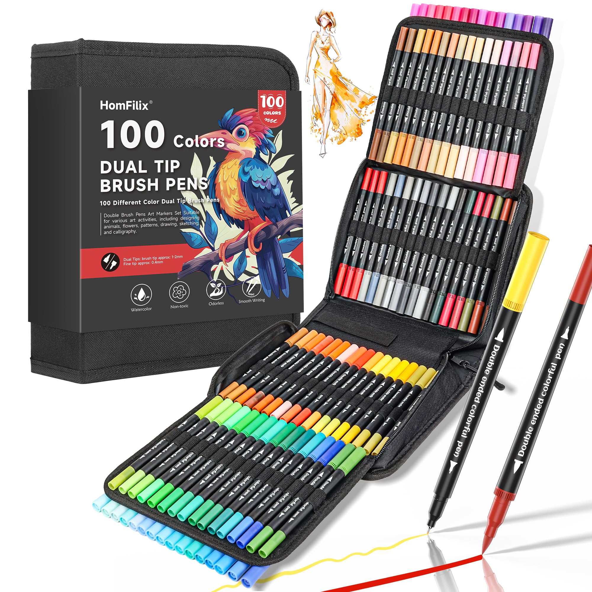 HomFilix Art Markers – 100 Dual Tip Brush Pens for Adult Coloring Books, Fine Point & Brush Tips, Perfect for Coloring, Sketching, DIY Cards, and More