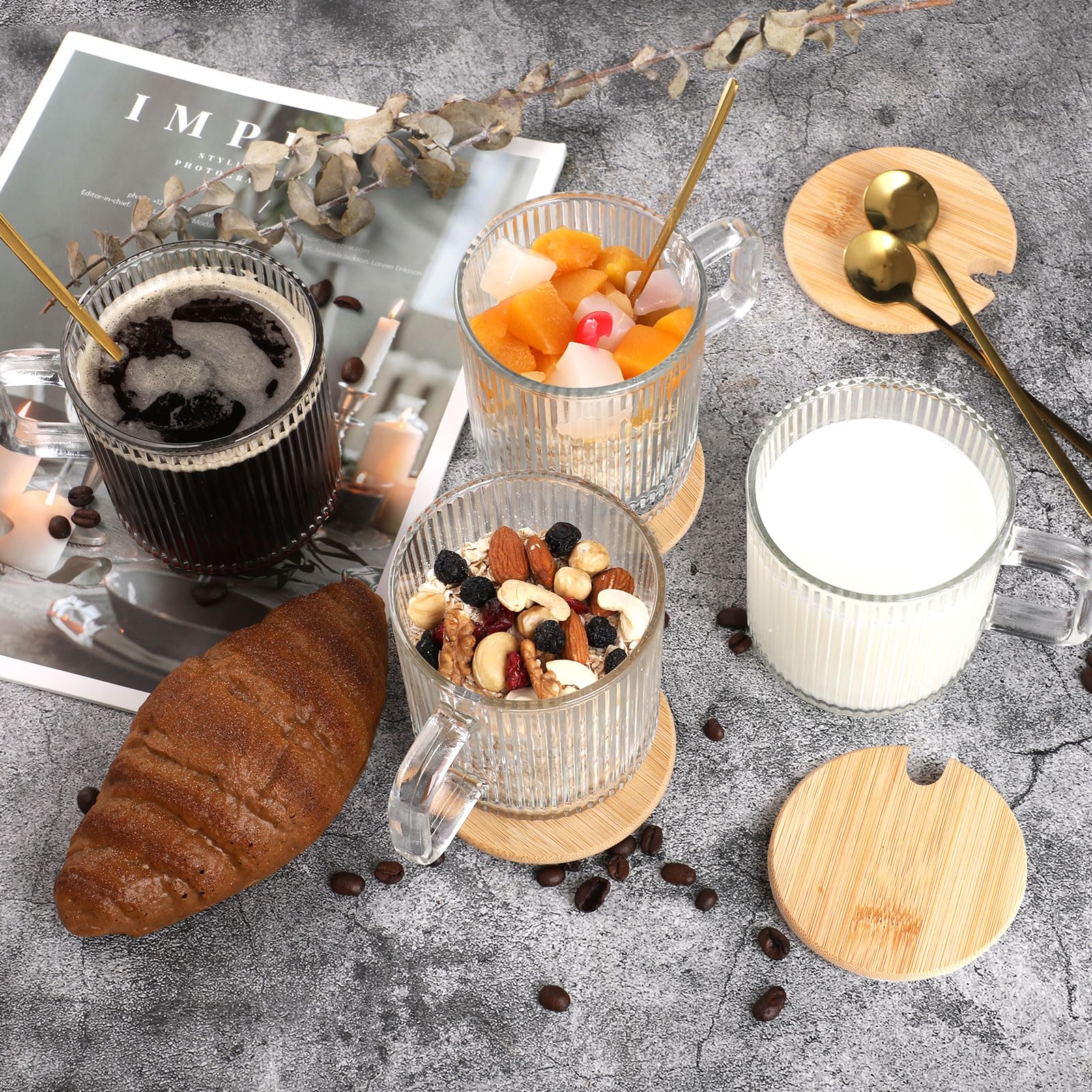 4 Pezzi Tazze Cappuccino, Tazze Colazione con Coperchio e Cucchiaio Tazza Caffè Vetro per Latte, Caffè, Avena, Yogurt, Fiocchi D'avena - 350 ml, Trasparente