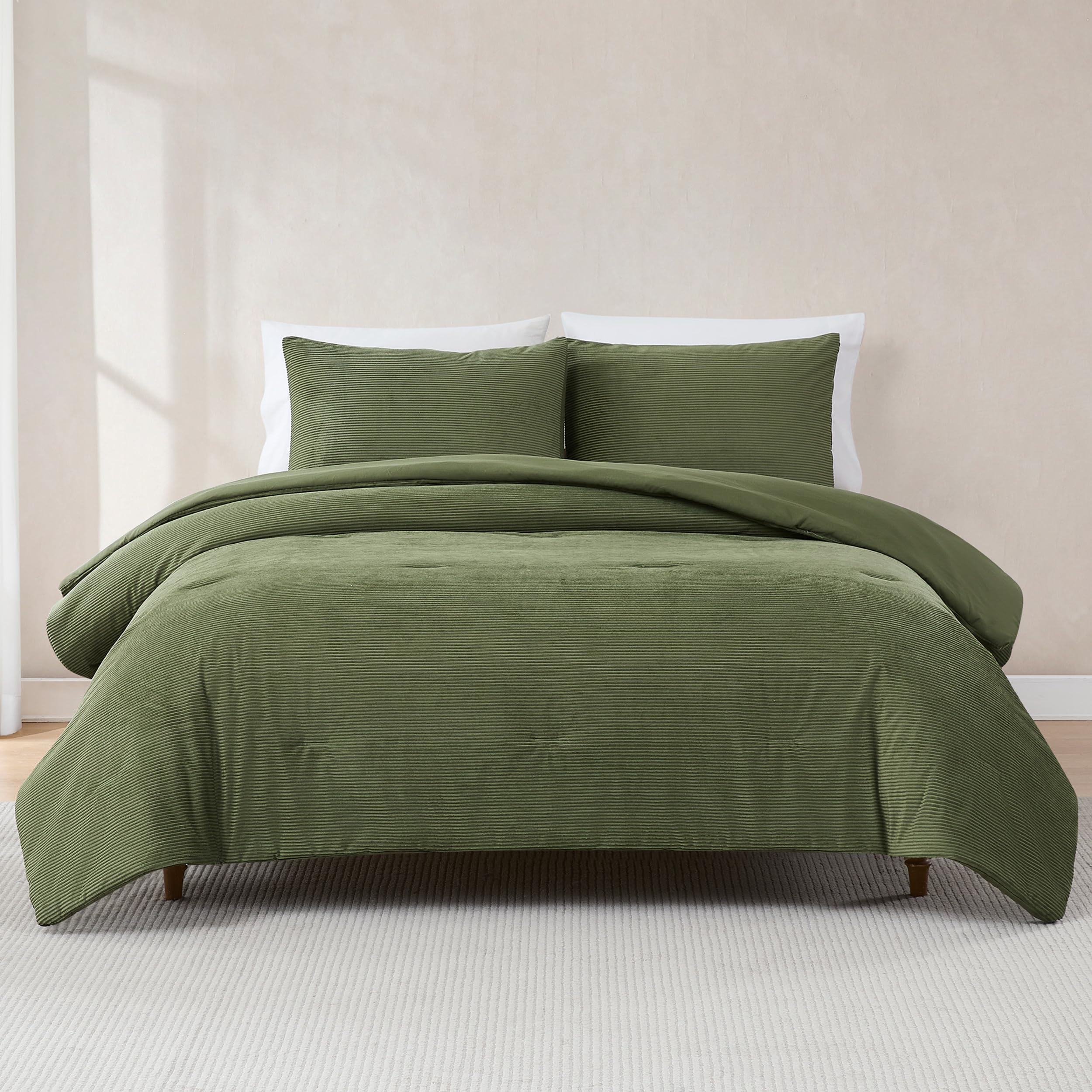 Lush Decor Arden Ribbed Corduroy Comforter 3 Piece Set Full/Queen Olive - Green Bedding Set - Soft Velvet Comforter - Teen Bedding - Retro Decor-image-18