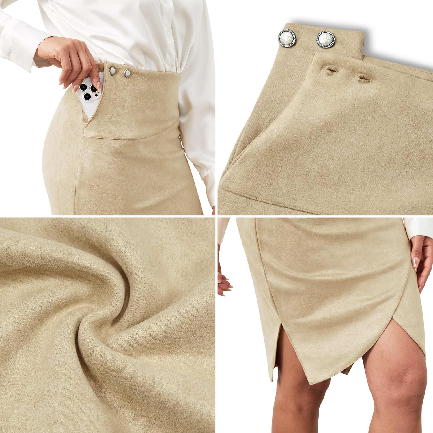FLUFFY SENSE. Pencil Skirt for Women with Slit Tummy Control High Waist Wrap Suede Skirt Office Work Skirt with Pocket - Image 5
