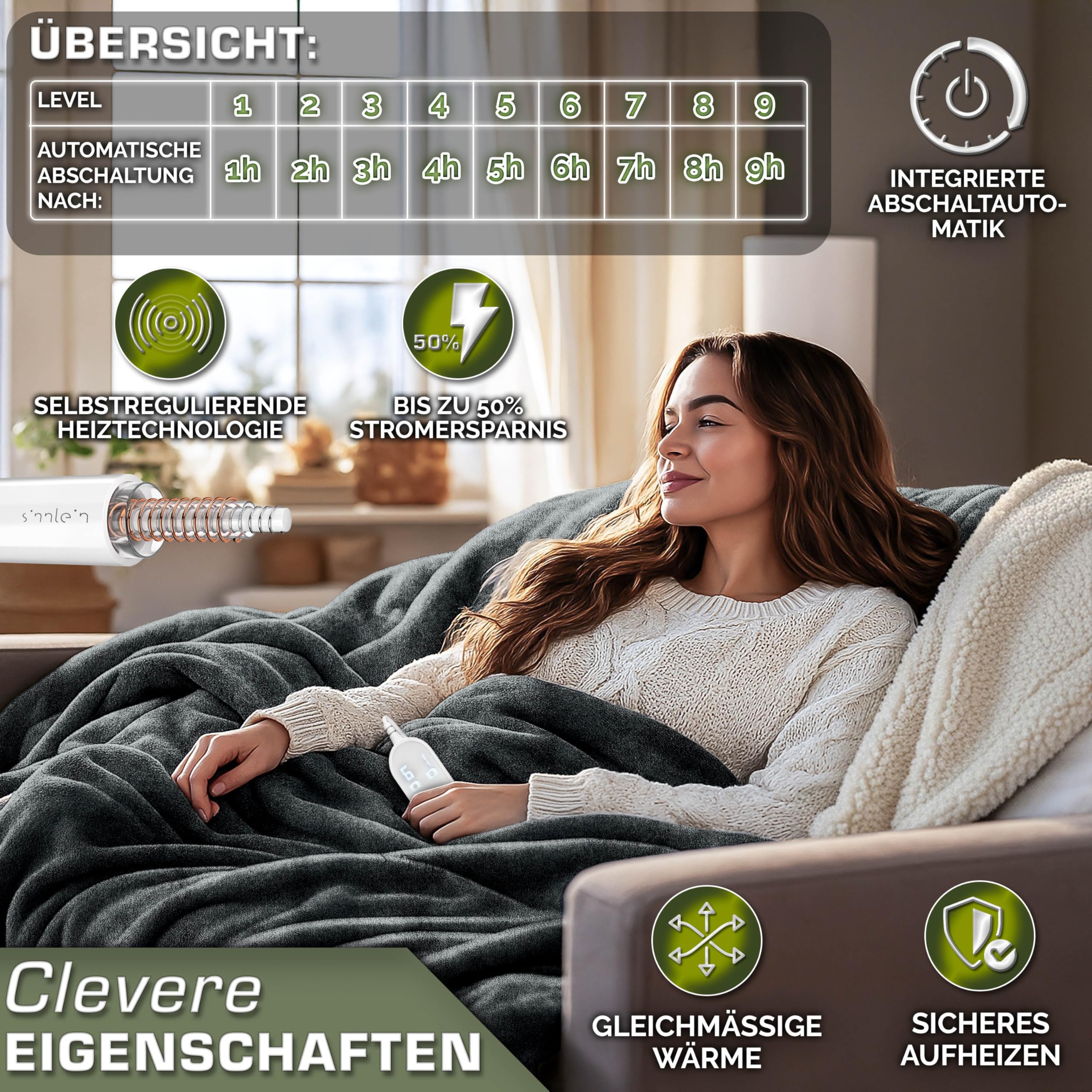 sinnlein® Heizdecke mit Abschaltautomatik 200 x 180 cm | Elektrische Wärmedecke mit 9 Temperaturstufen | Kuscheldecke Bett, Sofa | Decke elektrisch mit Timer Digitalanzeige