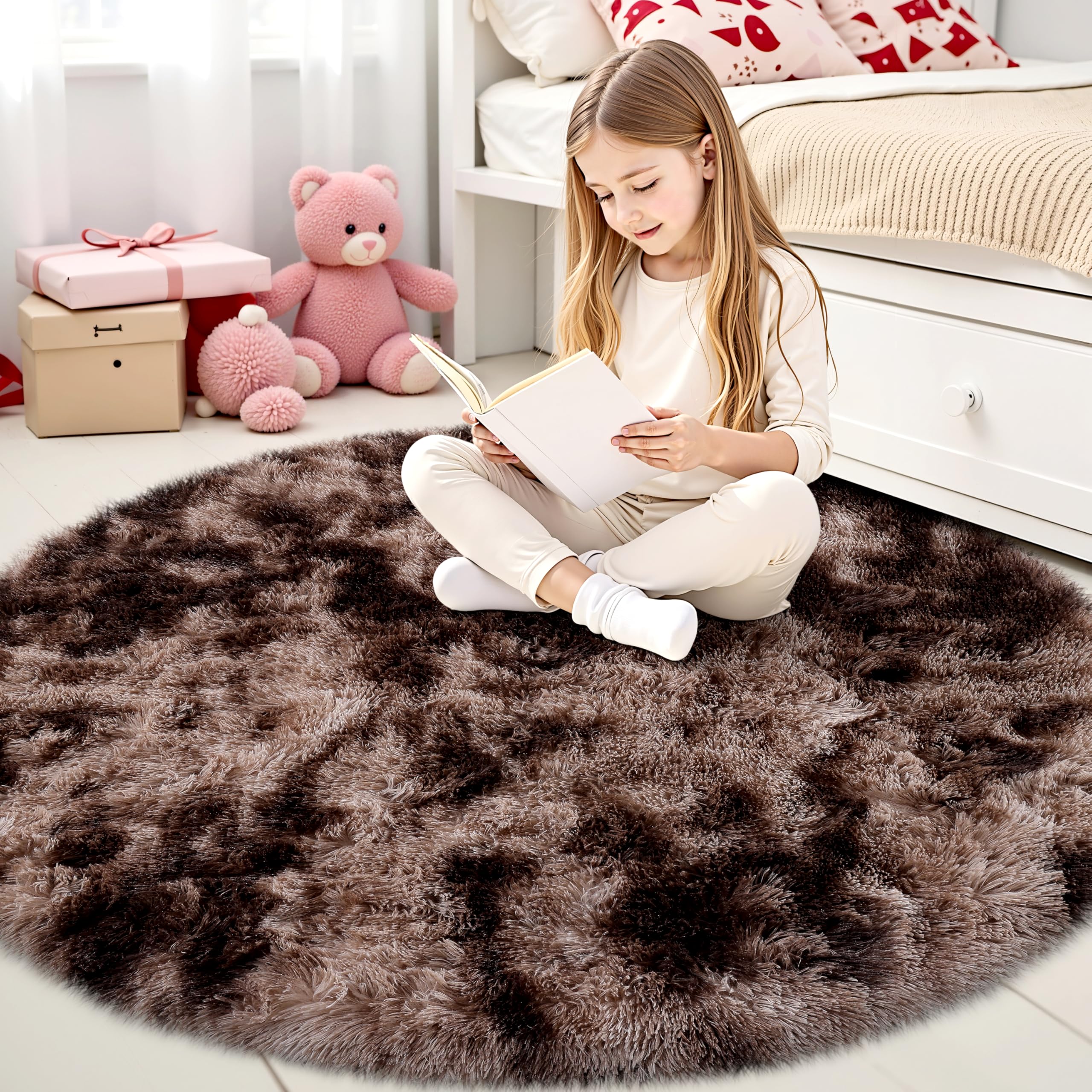 smiry Rugs Living Room 120x120cm, Area Rugs for Bedroom, Machine Washable Anti Slip Soft Fluffy Shaggy Tie-dye Floor Carpet for Kids Girls and Boys, Nursery Room, Coffee