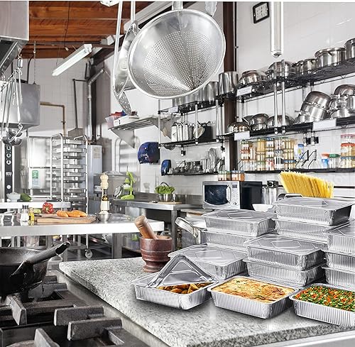 Miniatura 9 de Diplastible Sartenes de aluminio desechables oblongos con tapas, paquete de 100 unidades, sartén de 11 x 7 x 3 pulgadas de 8 libras con cubiertas de