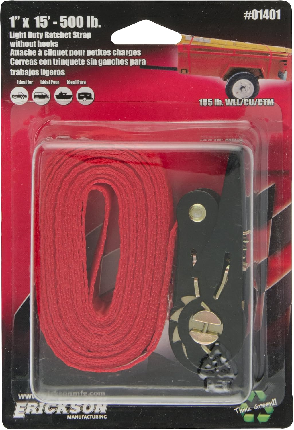 Erickson 01401 Red 1" x 15' Motorcycle/ATV Ratchet Lashing Tie-Down Strap